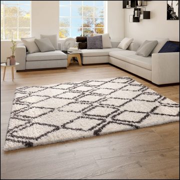 Hochflor-Teppich Teppich Wohnzimmer Hochflor Shaggy Skandi Design Mit Rauten Used Optik, TT Home, Läufer, Höhe: 54 mm