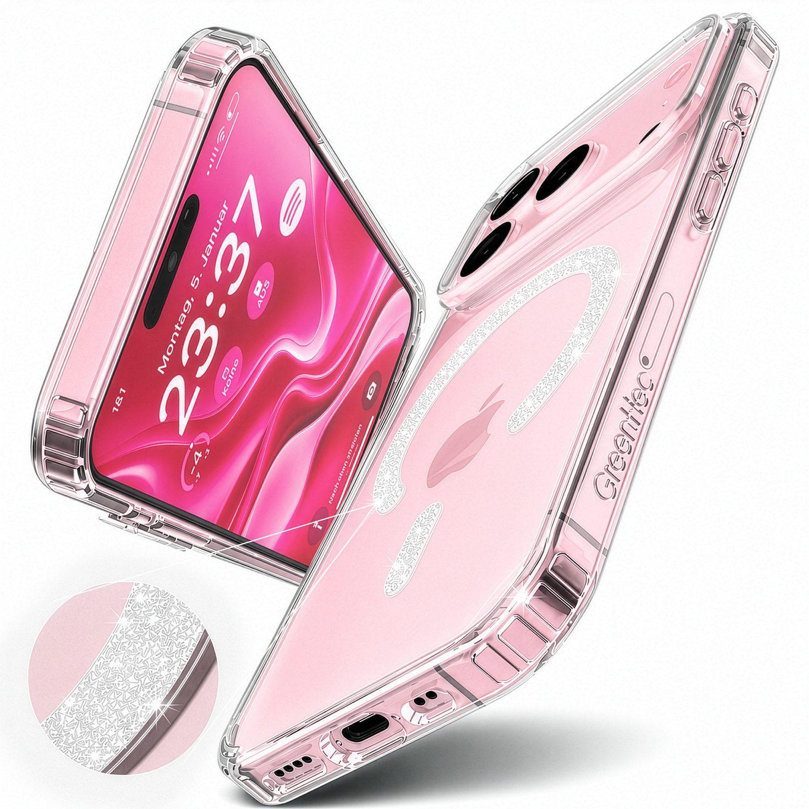 GreenHec Handyhülle Hülle iPhone 18 17 16 15 14 13 Pro Max Plus Glitzer Case Transparent 7 Zoll, Glänzend Magnetring, Transparent Hülle iPhone, GreenHec Clear Case