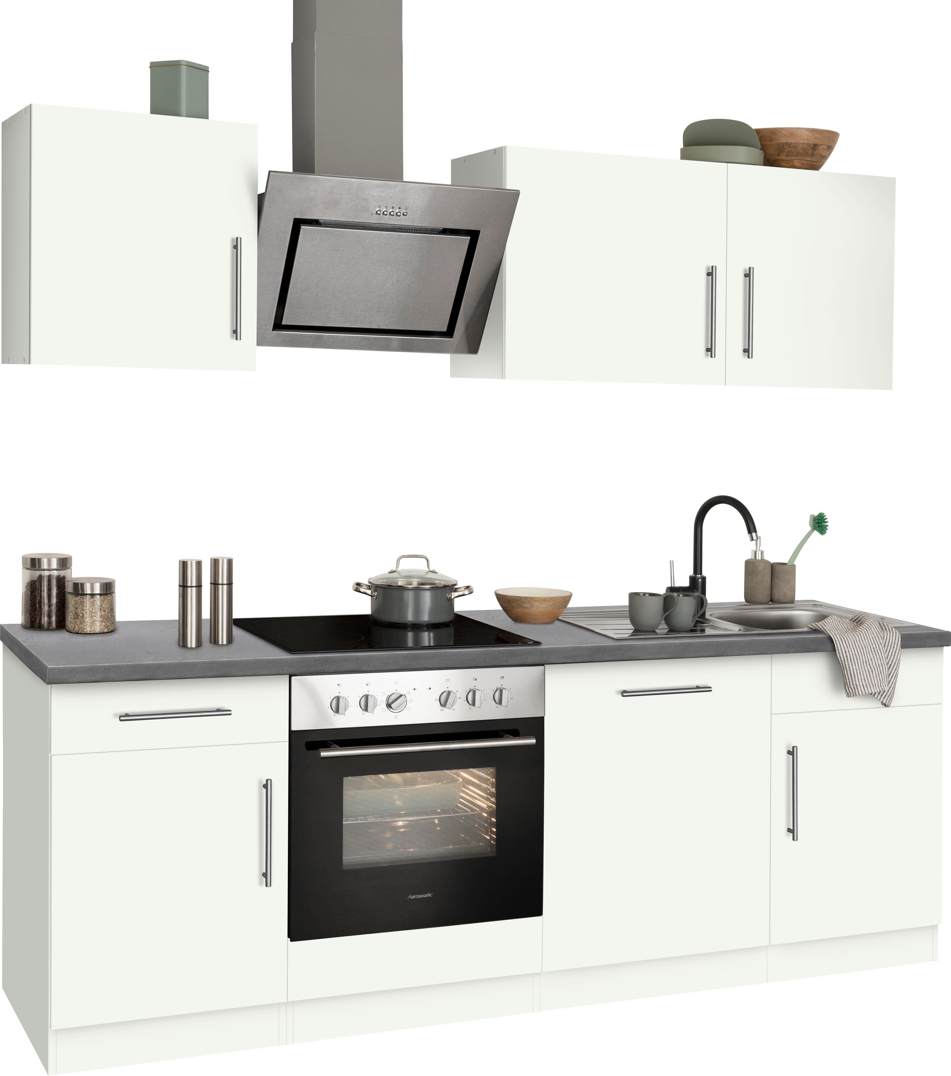wiho Küchen Küchenzeile Cali, mit E-Geräten, | Front: mit Arbeitsplatte Breite matt grau Hanseatic Glanz, 220 E-Geräten Beton cm Weiß weiß