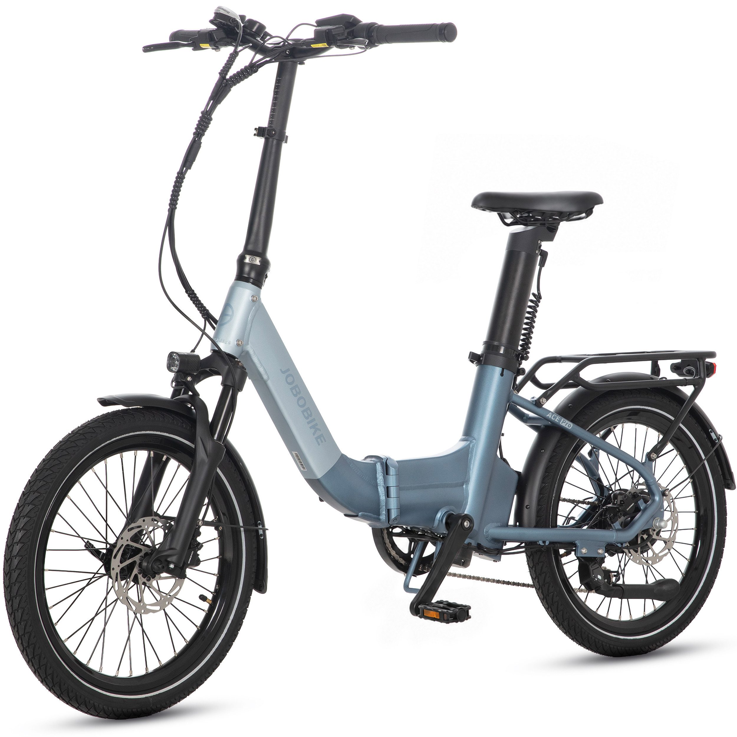 JOBOBIKE E-Bike Klapprad 20 Zoll für Damen und Herren, 120km, Bluetooth, Drehmomentsensor, 7 Gang Shimano, Kettenschaltung, Heckmotor, 540 Wh, (für ca. 150–180 cm, Sattelstützenakku, Faltrad E-Citybike), ACE Pro, Elektrofahrrad mit hydr. Scheibenbremsen, klappbar, nur 24kg