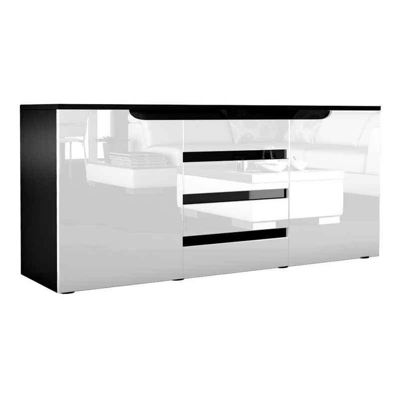 Vladon Sideboard Sylt (Kommode, mit 2 Türen und 4 Schubladen), Schwarz matt/Weiß Hochglanz/Schwarz Hochglanz (139 x 72 x 35)
