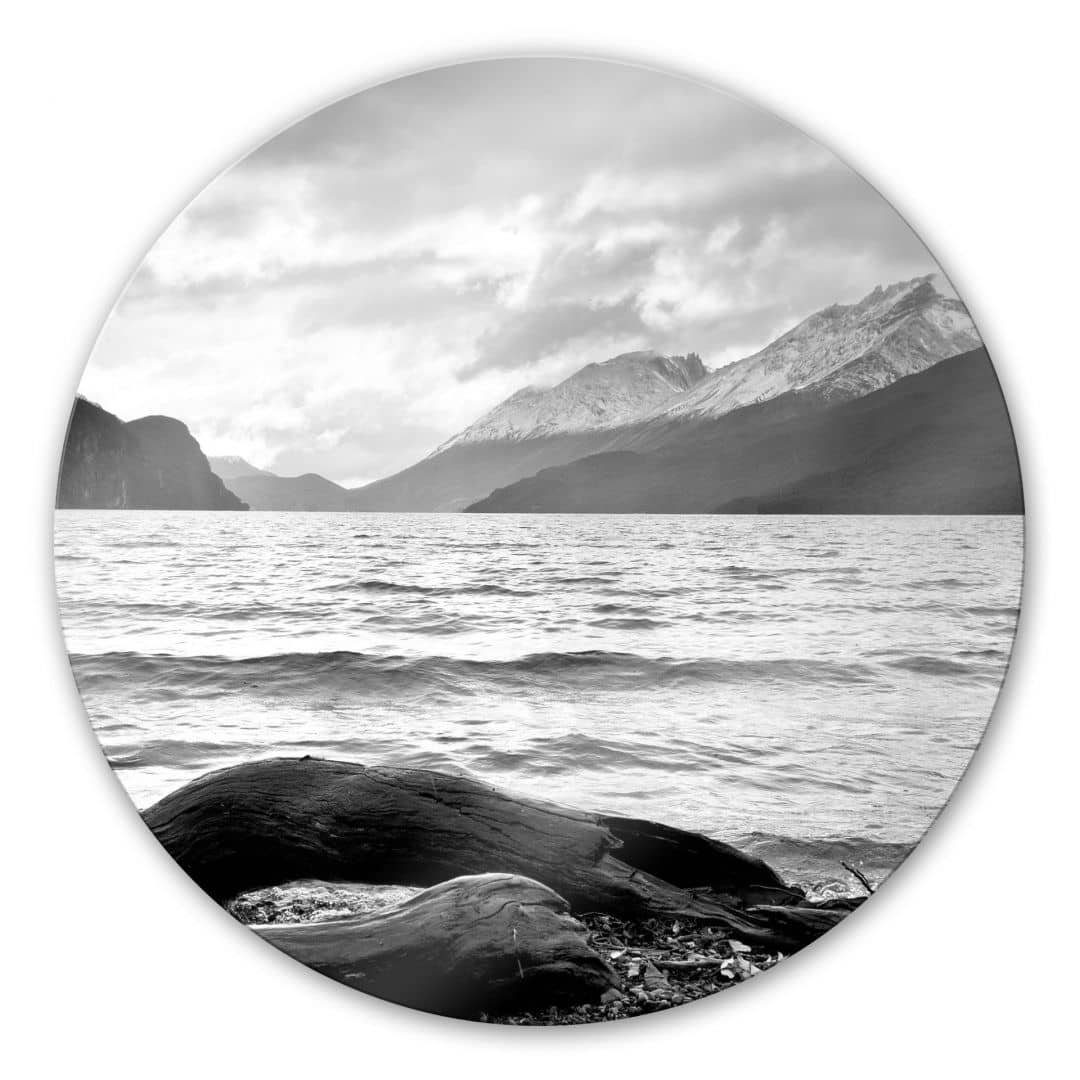 K&L Wall Art Glasbild Glas Wandbild Rund Glasbild Landschaft Schwarz-Weiß Log and Lake, Wandschutz Deko Bilder