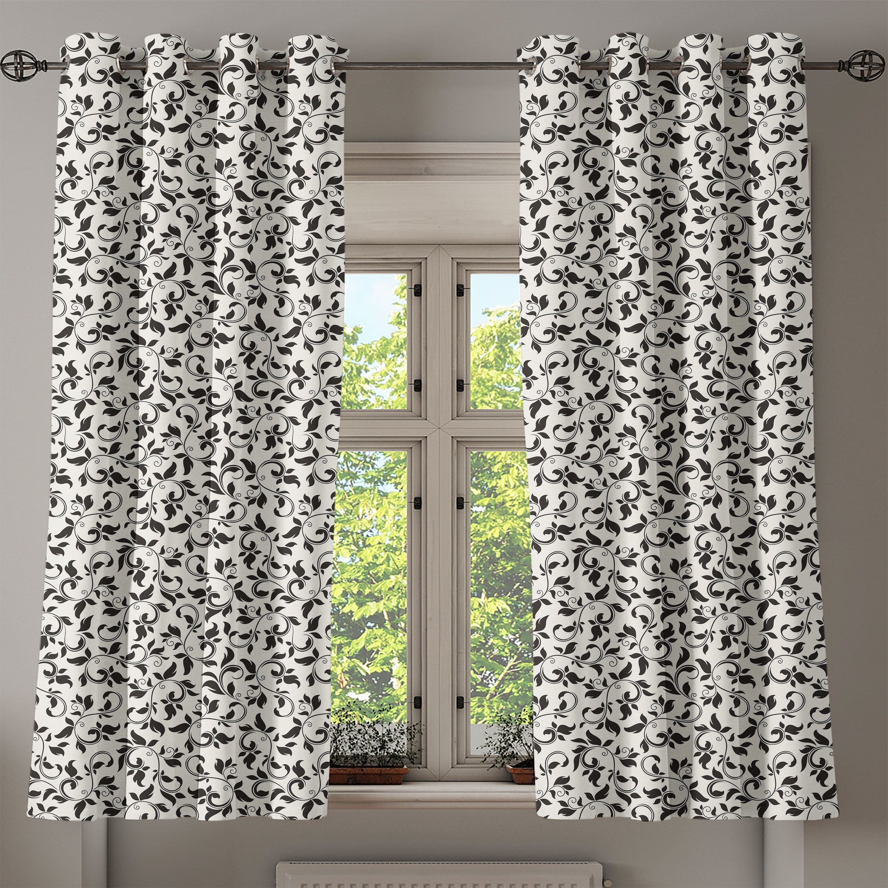 2-Panel-Fenstervorhänge Gardine Wohnzimmer, Abakuhaus, Dekorative Monochrome Scroll-Muster für Schlafzimmer Blatt