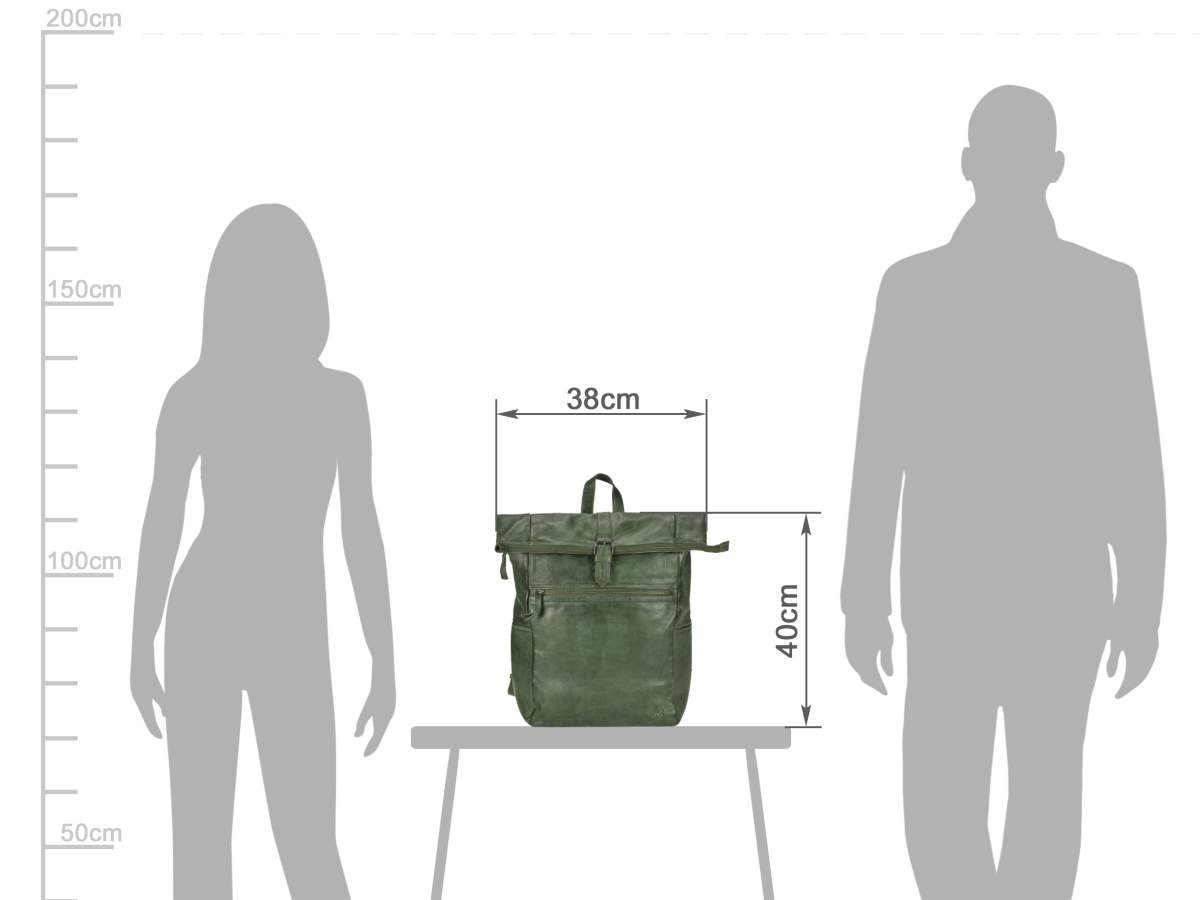 Bear Design Freizeitrucksack "Rick" Cow Lavato Leder Rucksack 27x40cm, Rolltop, Daypack, mit Notebookfach, knautschig weiches Leder in grün