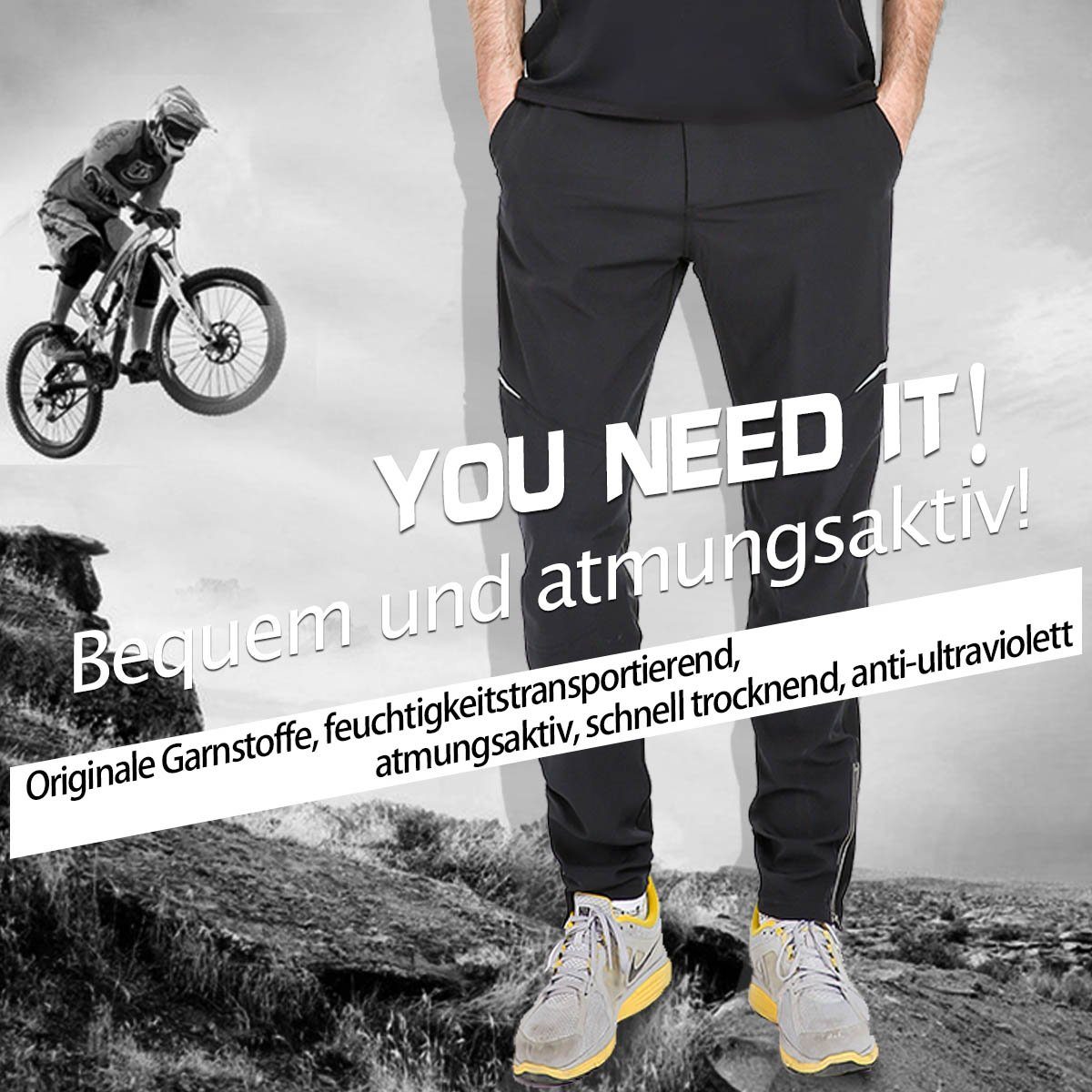 MidGard Radhose Funktionshose winddicht & atmungsaktiv Laufhose Jogging-Hose Radhose Elastikbund mit Tunnelzug