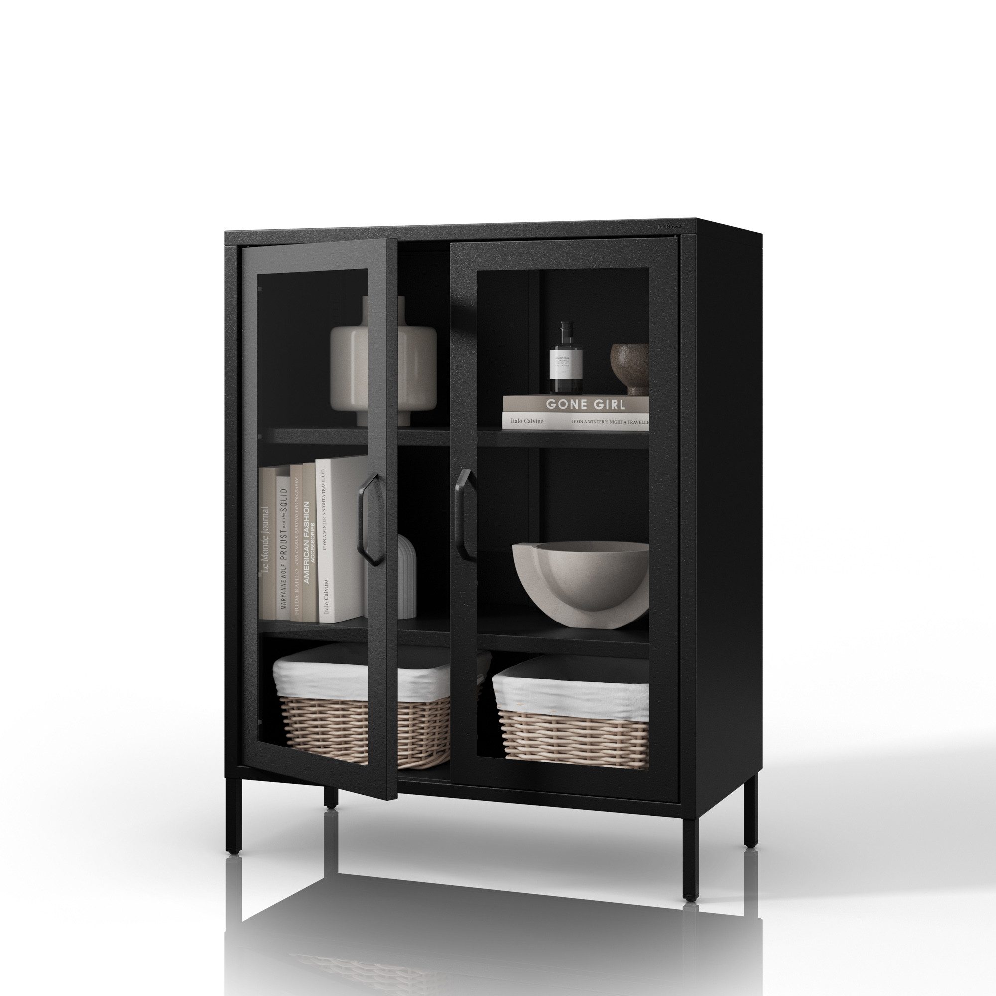 Jan Nowak Vitrine GINA Vitrine Glas Metall Stahl 80x101x40cm Hartglas 2 Regale (Stahl 0,6mm, Hartglas, 2 Regale 25mm, Magnete Silikonpads) Sparkling Brilliance Beine regulierbar Wohnzimmer Salon