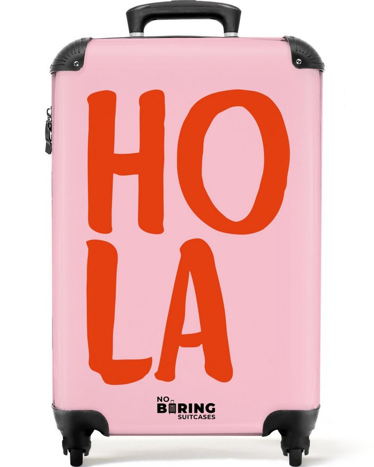 NoBoringSuitcases.com© Hartschalen-Trolley Rosa mit rotem Spruch 'hola' 55x35x20cm, Handgepäck Koffer & Trolleys, Luggage, Reisekoffer Frauen