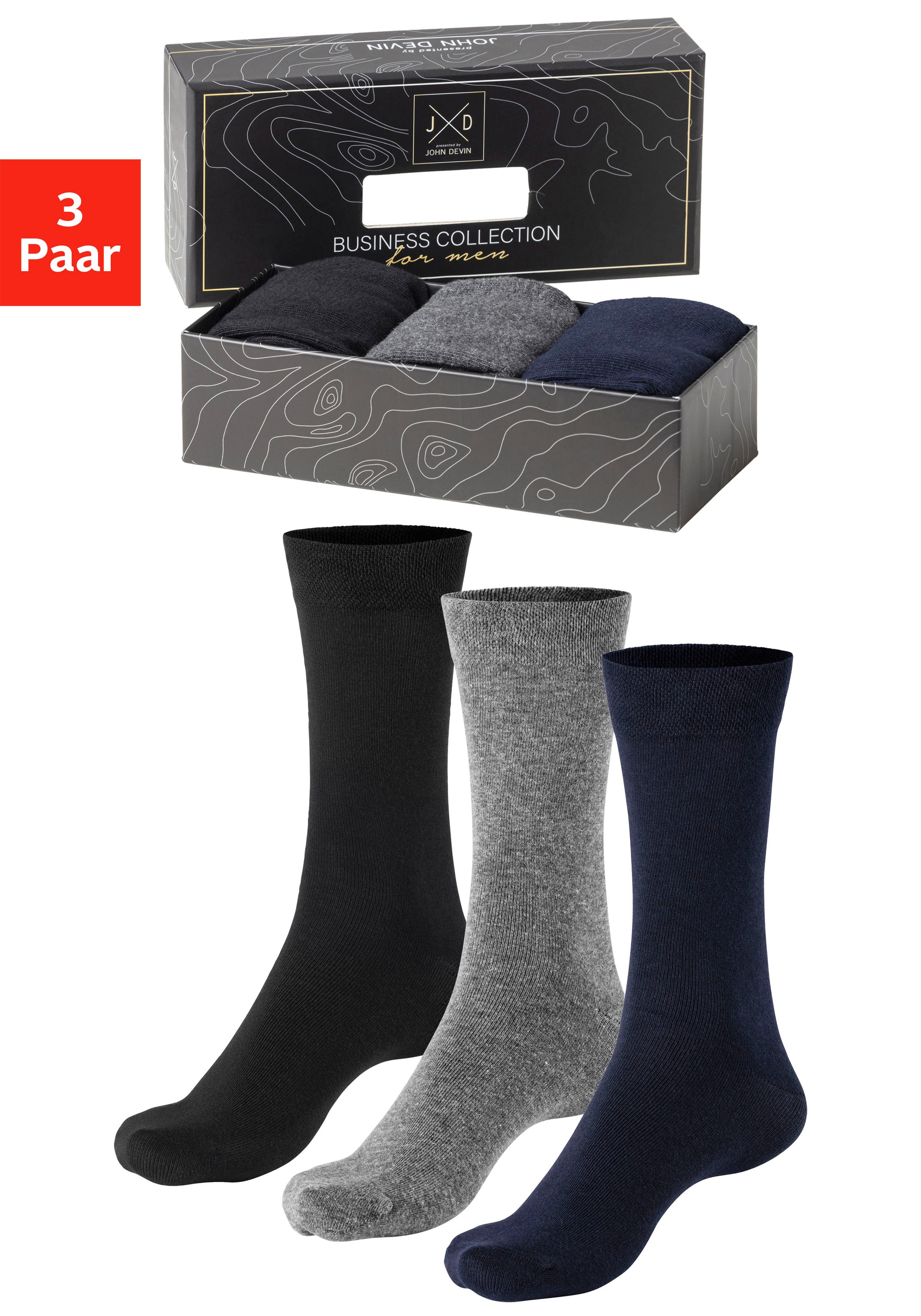 John Devin Businesssocken (Packung, 3-Paar) mit längerer Schaftlänge, verpackt in einer Box