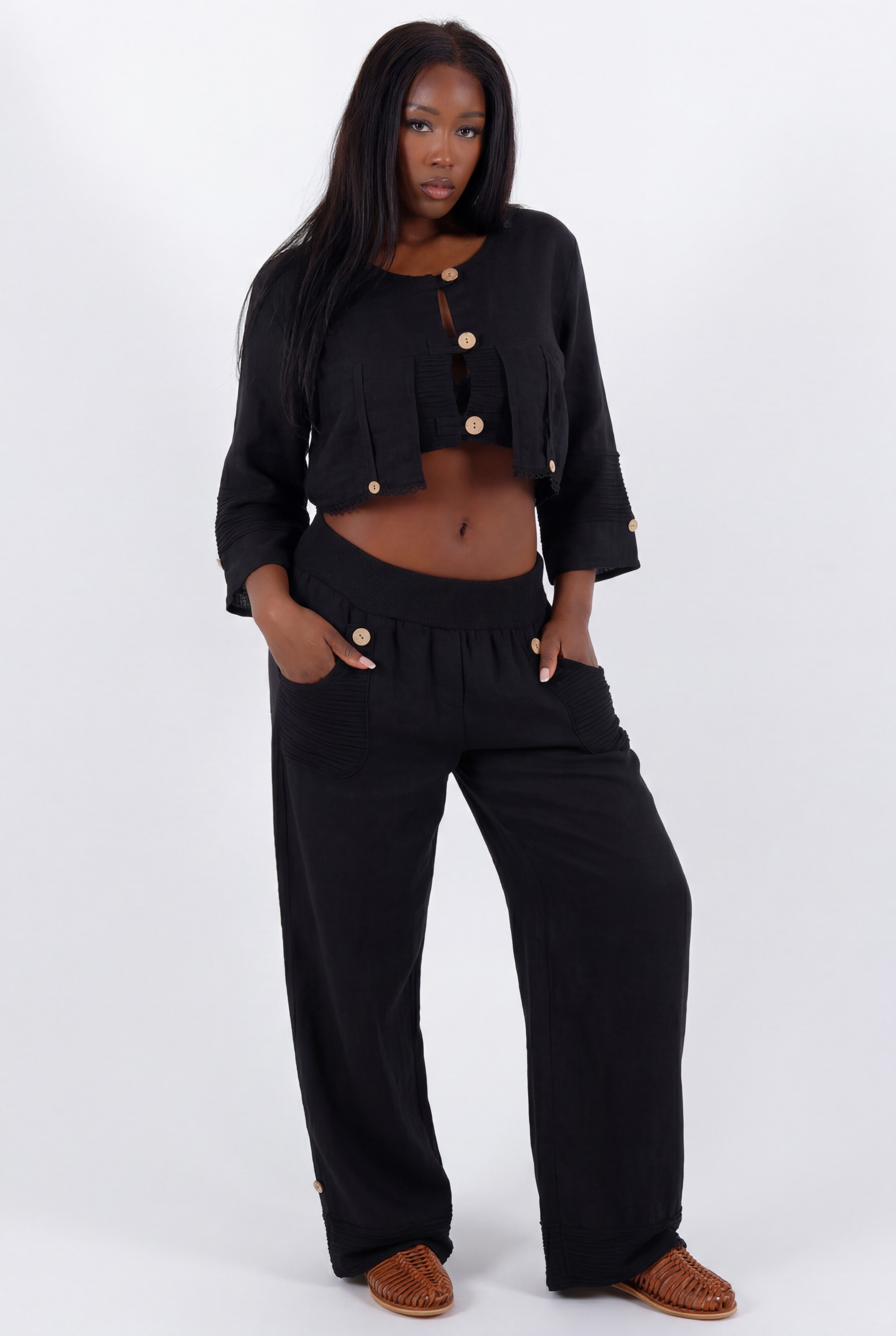 YC Fashion & Style Hosenanzug Boho Leinen-Zweiteiler aus 100 % Leinen mit Knopfdetails 2 teiliges Set