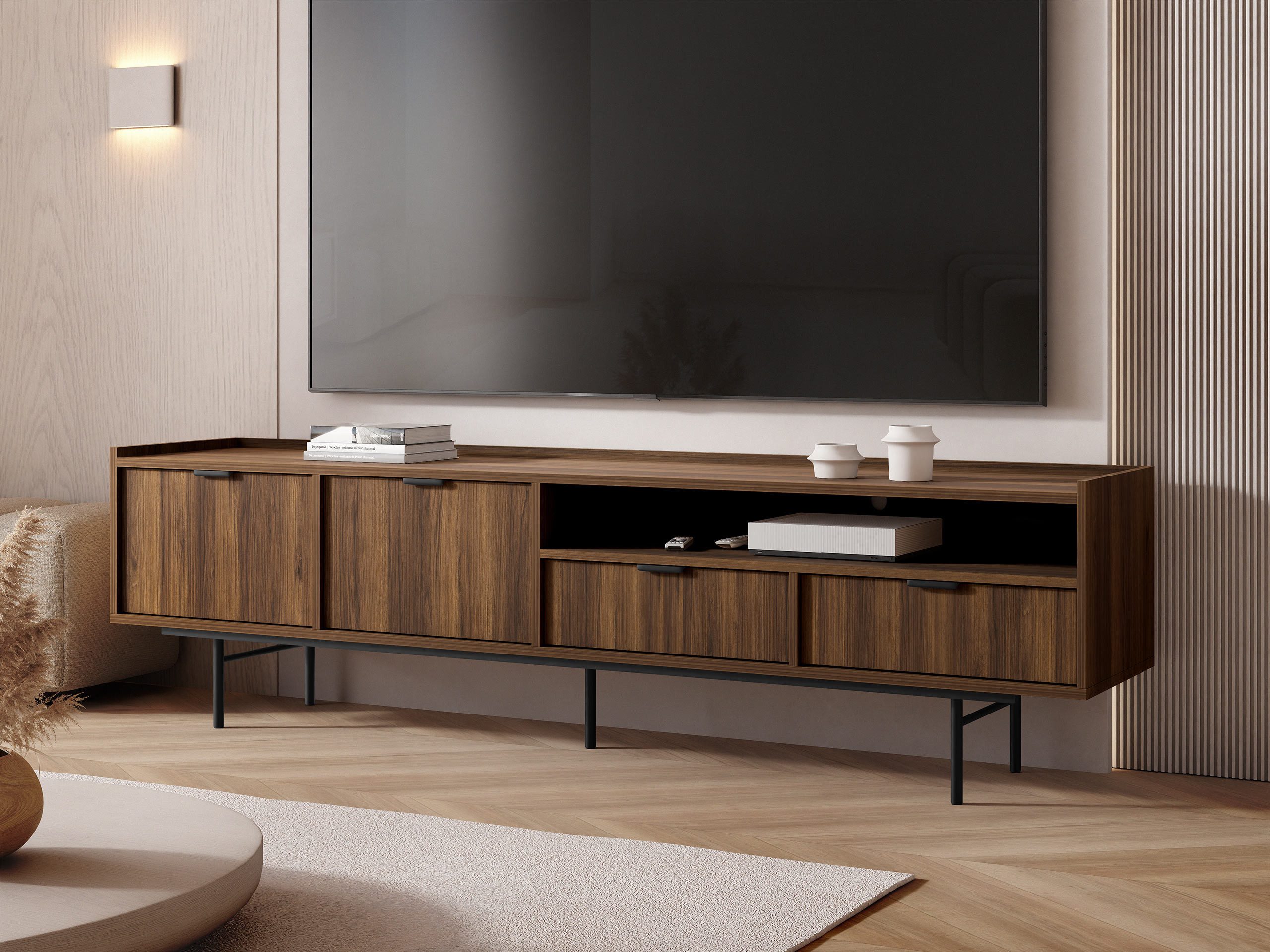 MIRJAN24 TV-Schrank Edison 200 (mit zwei Klappen und zwei Schubladen) 200x40x55 cm, Gasdruckfeder