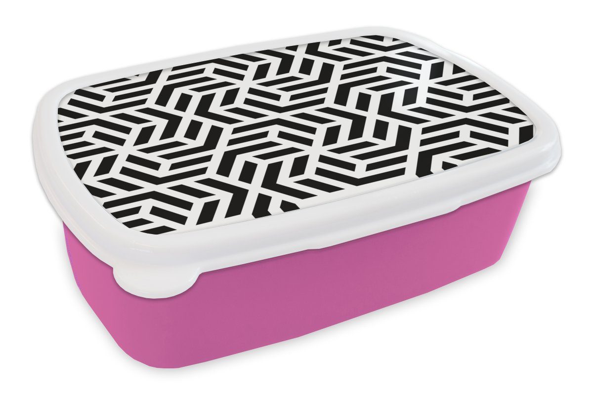 MuchoWow Lunchbox Design - Geometrie - Muster - Schwarz - Weiß, Kunststoff, (2-tlg), Brotbox für Erwachsene, Brotdose Kinder, Snackbox, Mädchen, Kunststoff rosa
