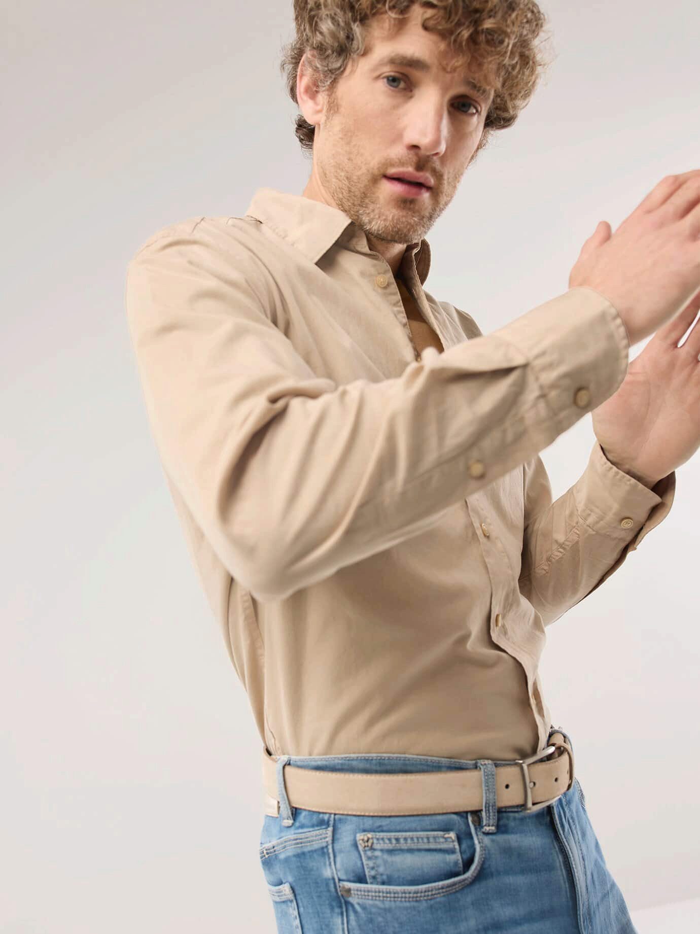 Walbusch Langarmhemd Herren Überfärber Baumwollhemd Regular Fit Langarm Garment-dyed Twill, Relax-Kragen, verdeckter Button-down