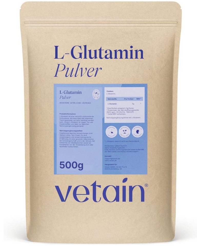 VETAIN L-Glutamin Pulver - ultrafeines Glutamine - geschmacksneutrales Pulver, 500 g, L-Glutamin aus Fermentation von Mais & Made in Germany