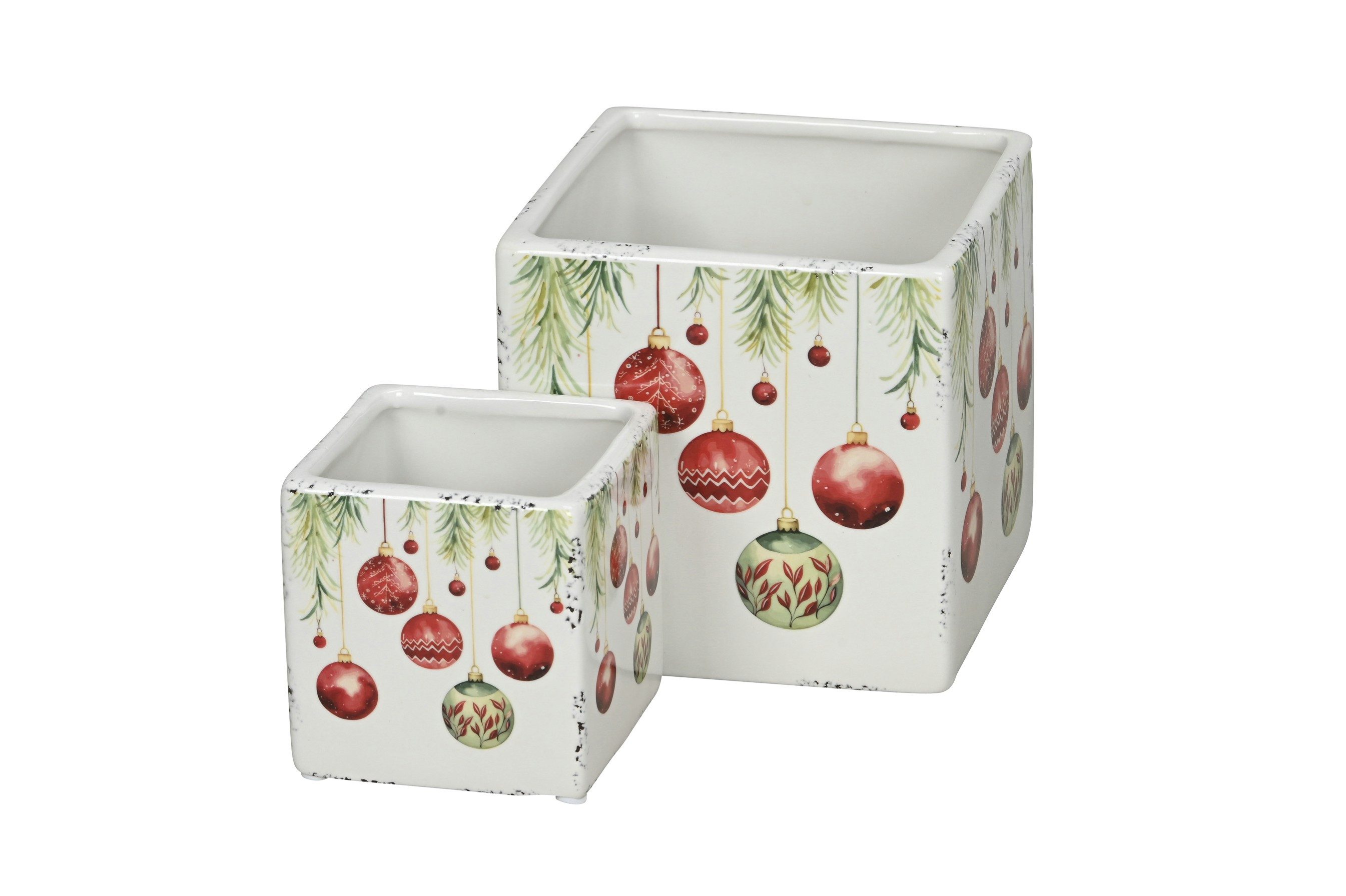 finehomegarden Blumentopf Keramik Blumentopf Set/2 Christbaumkugeln Übertopf weiss-rot-grün (Set, 1 St., 2er-Set), 8x8cm H8,5cm /13x13cm H12cm Dekoratives Pflanzen Festliche Deko