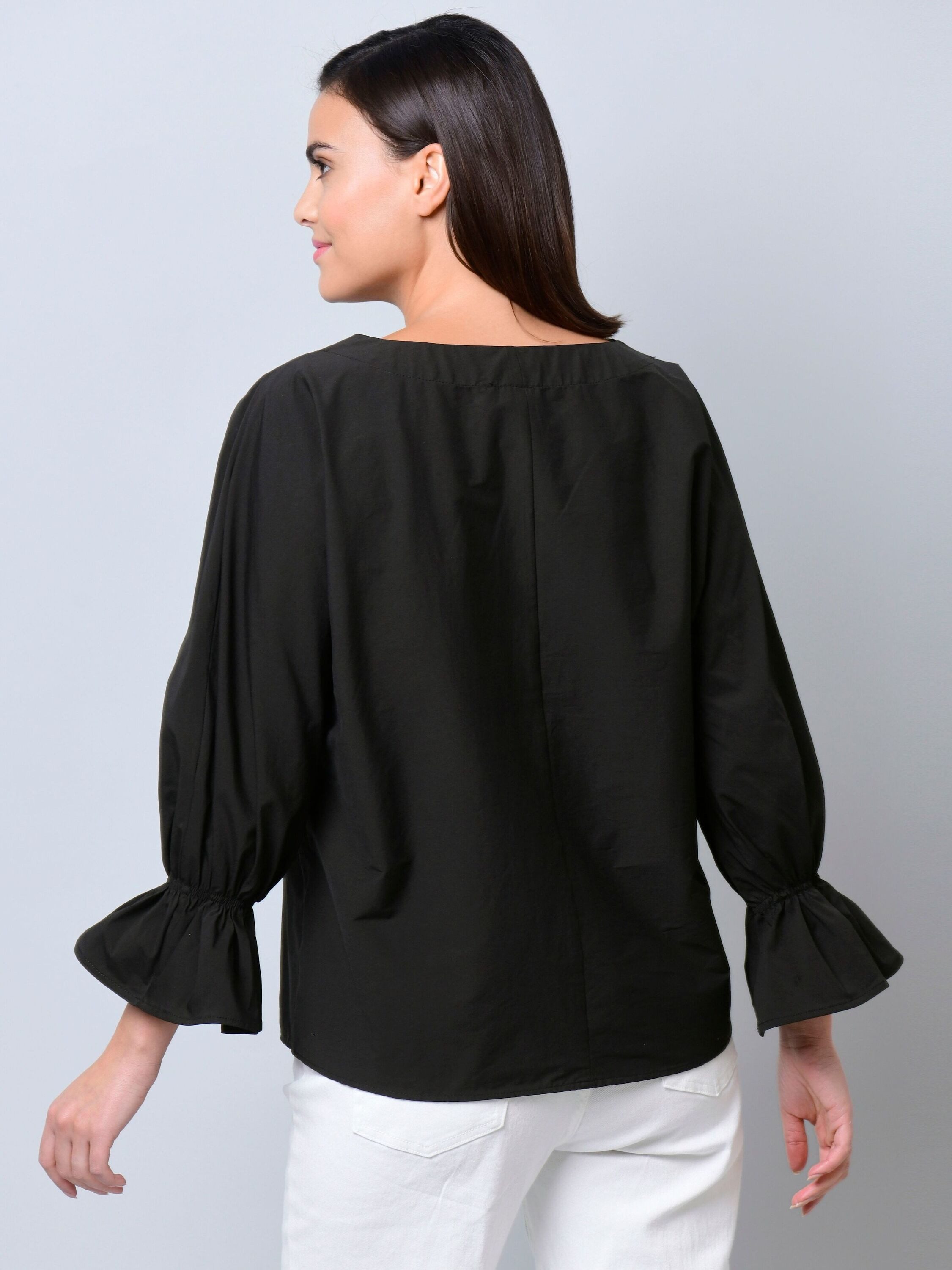 Alba Moda Hemdbluse Weite Freizeitbluse mit Volant-Ärmeln Uni-Design, V-Ausschnitt, modischer Look ohne Verschluss