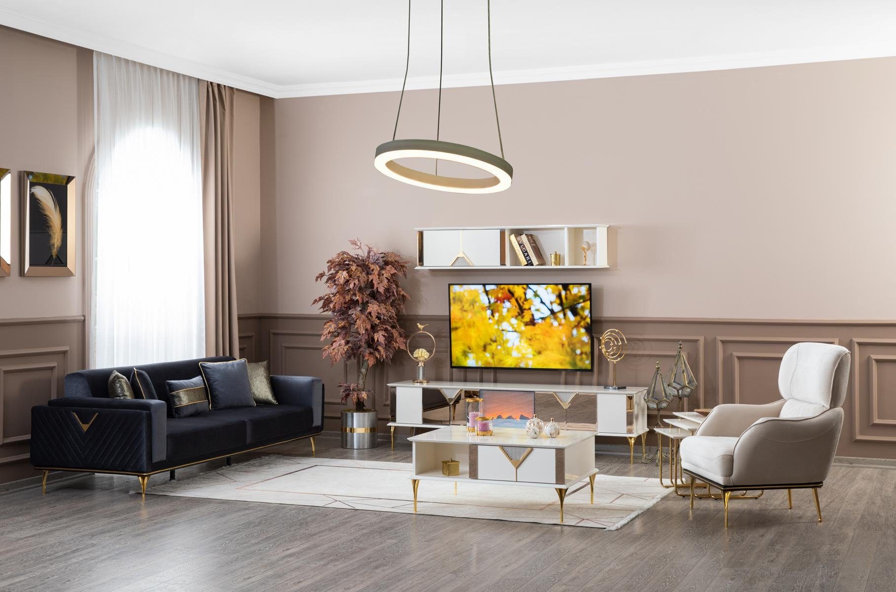 JVmoebel Wohnzimmer-Set, (5-St., 3 + 1 Sitzer + TV-Ständer + Couchtisch + Beistelltisch), Sofagarnitur 31 Set tv Ständer Textil Polster Möbel Luxus