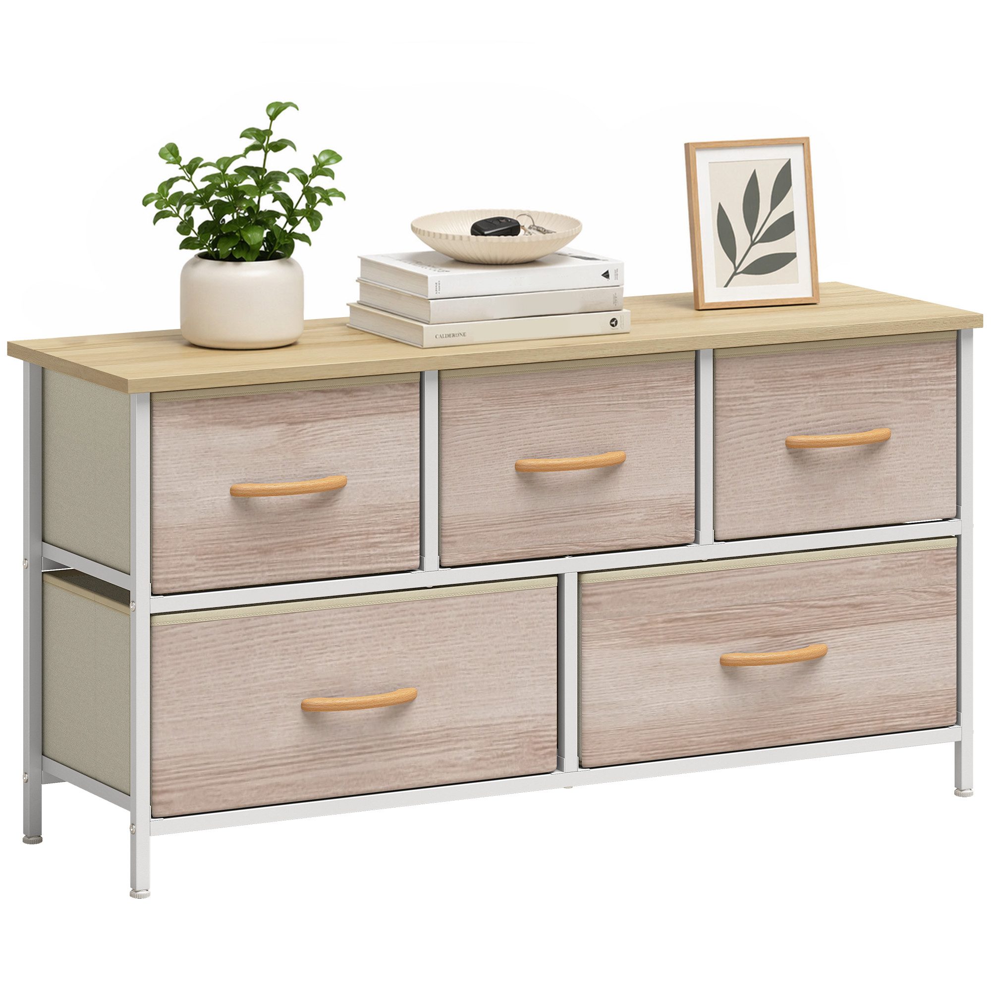 HOMCOM Kommode 5 Schubladen Stoff Schubladenschrank mit Metallrahmen Naturholz (Schrank, 1 St., Aufbewahrungsschrank), für Wohnzimmer, Schlafzimmer, 100x30x51,5 – Bild 2 von 5