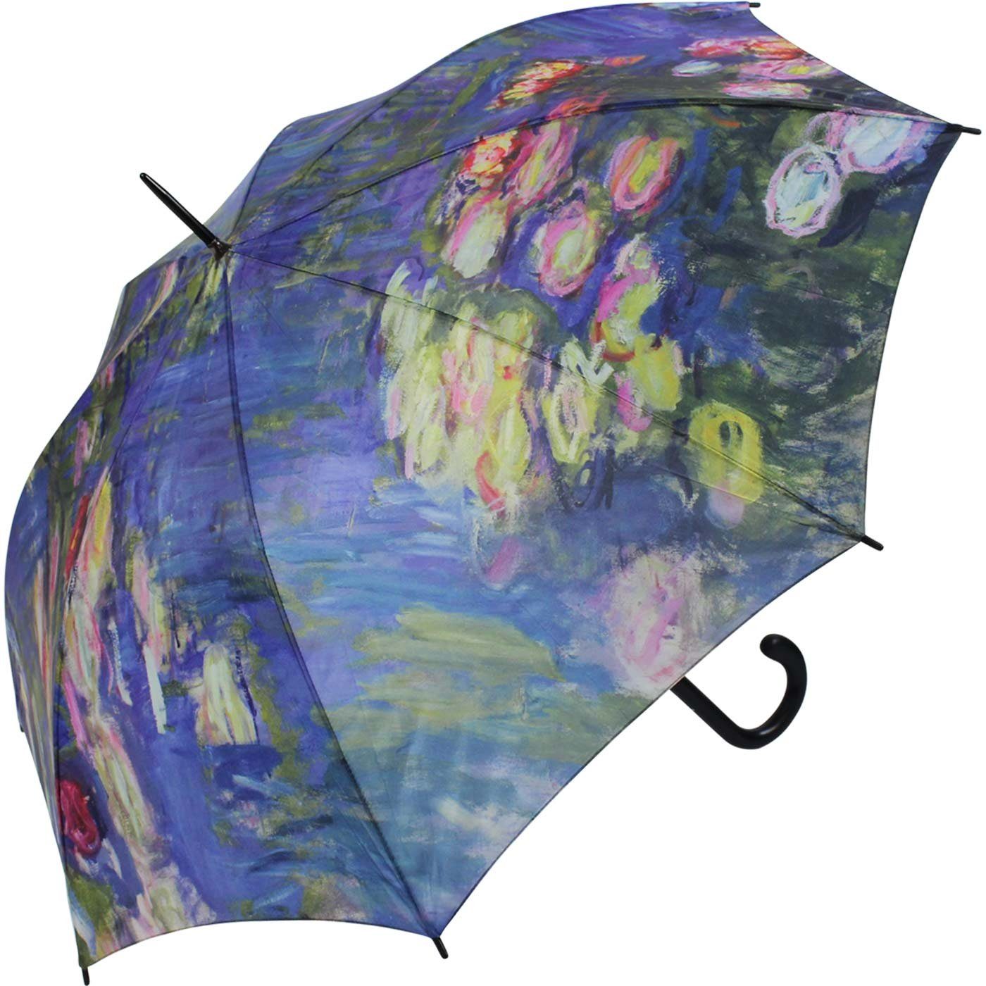 HAPPY RAIN Langregenschirm großer Regenschirm mit Künstlermotiv für Damen, Motiv Monet Seerosen