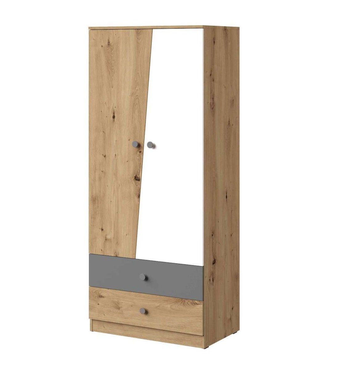 Stylefy Kinderkleiderschrank Narin I (Standschrank, Kinderschrank) 2-türig, mit Schubladen, Vollauszug, viel Stauraum, Design Modern, für Jugend Eiche Artisan Dekor - Weiß Matt - Grau Matt