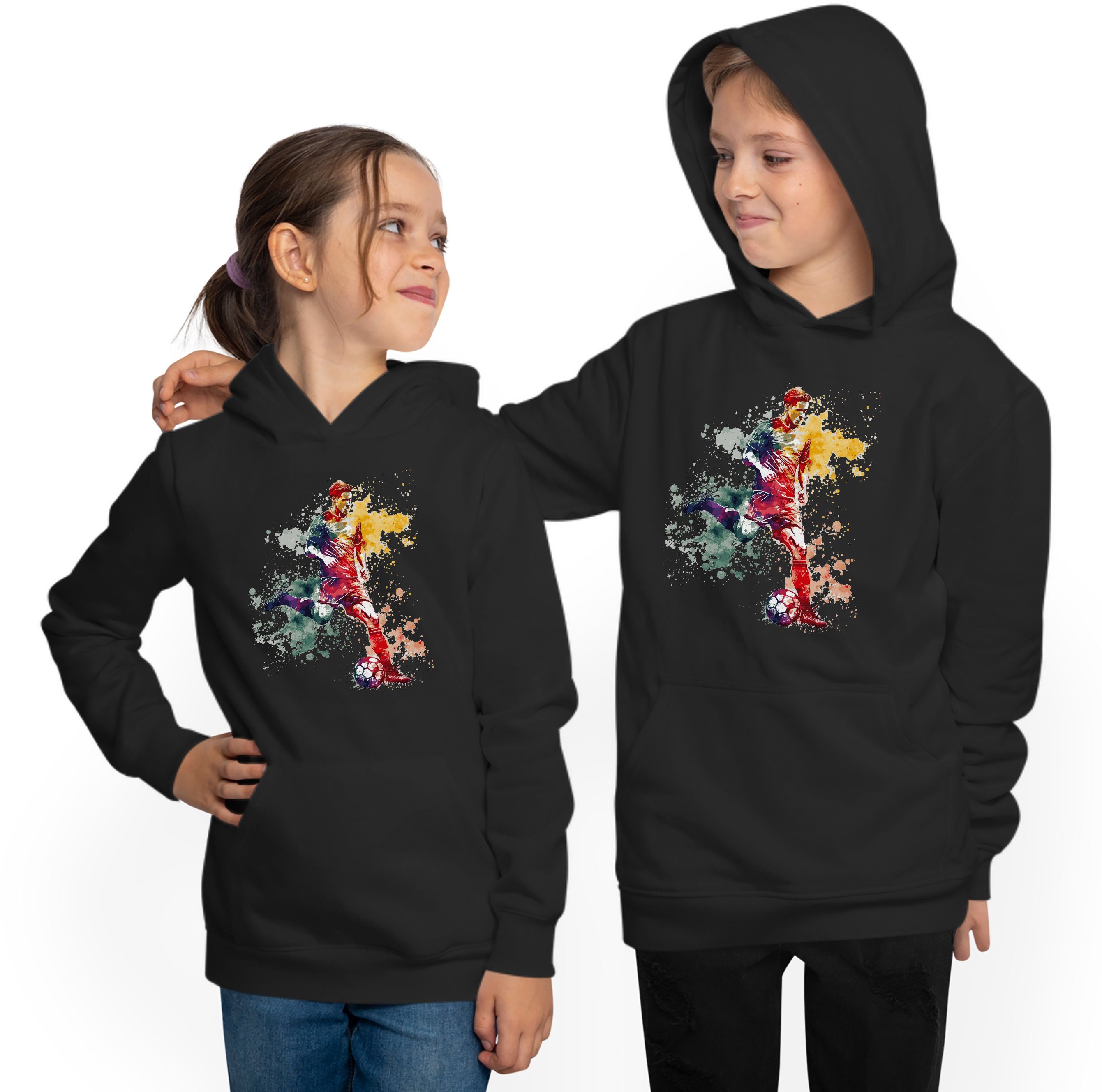 MyDesign24 Hoodie Kinder Kapuzenpulli - Fußball Hoodie Fussballer in Ölfarben Kapuzensweater mit Aufdruck i478