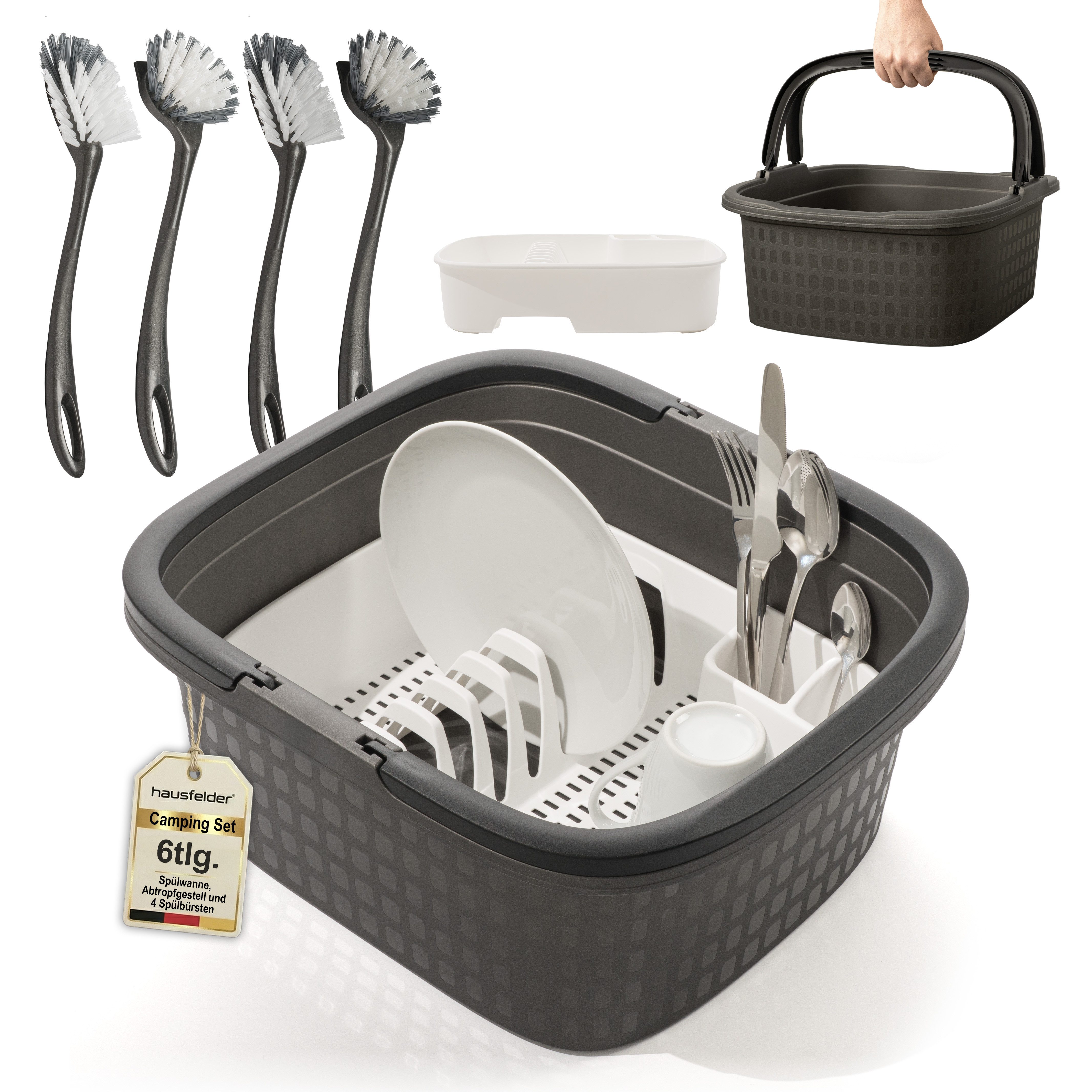 Hausfelder Waschbecken Spülwanne Anthrazit + Abtropfgitter weiß + 4er Set Spülbürsten (6er Set, 6-St., Wanne + Abtropfgestell + 4 Spülbürsten), Komplettes Spül-Set: Wanne mit Henkeln, Abtropfgestell, 4 Spülbürsten