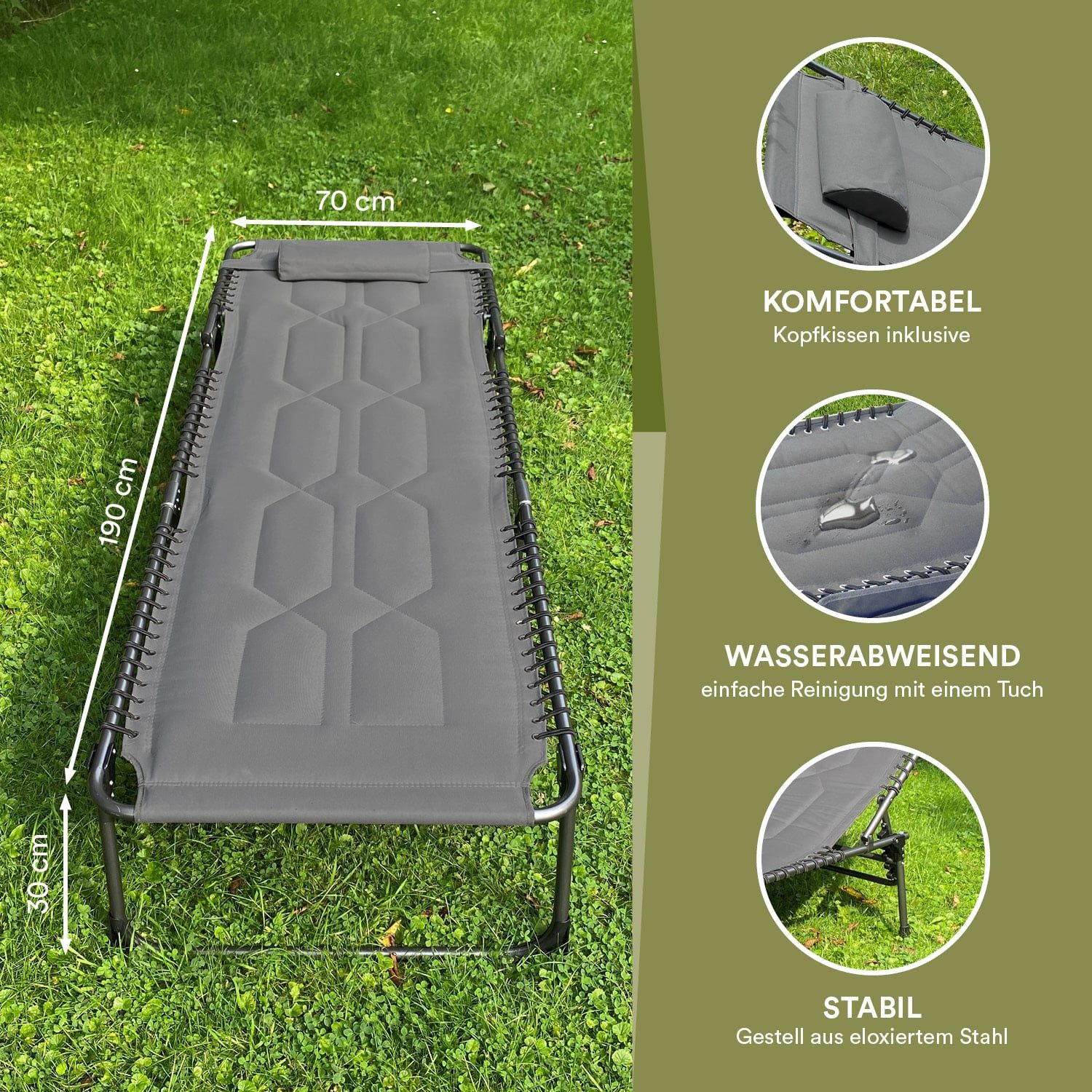 Skandika Campingliege Torget Feldbett, Campingbett, Klappbare Sonnenliege, gepolstert (wasserabweisend, Stahlgestell, Dreifacher Faltmechanismus) 5-Fach verstellbares Kopfteil, mit abnehmbarem Kopfkissen, bis 150 kg