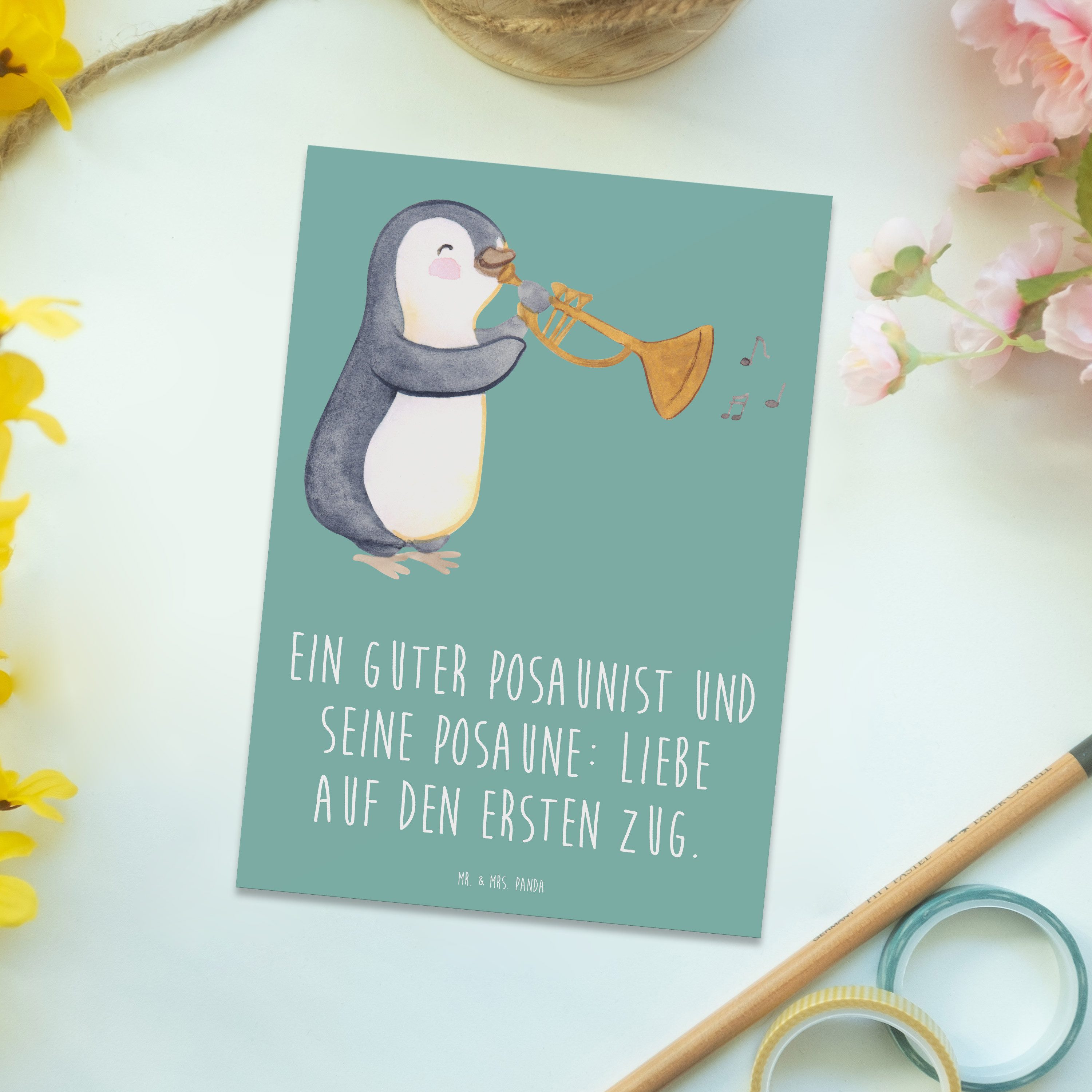Thumbnail - Mr. & Mrs. Panda Postkarte Posaune Liebe - Meeresbrise - Geschenk, Musik, Musikinstrument, Grußk