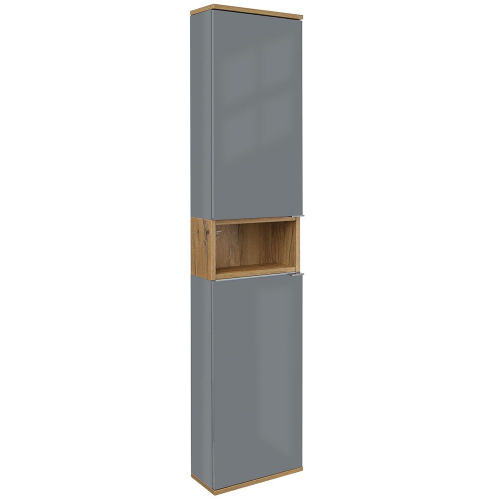 Lomadox Hochschrank NERVI-147 Badezimmerschrank 35 cm Hochglanz grau mit Eiche