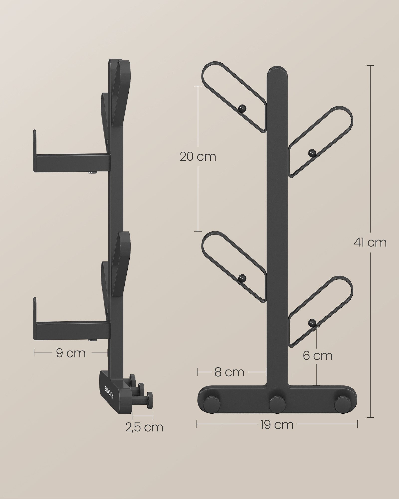 SONGMICS HOME Wandgarderobe Garderobe in Baum-Form, für Kleidung, Hüte, Taschen, 13 x 19 x 41 cm (2 St), 2er Set, pro Regal mit 7 Haken, Kugelknöpfe, tintenschwarz