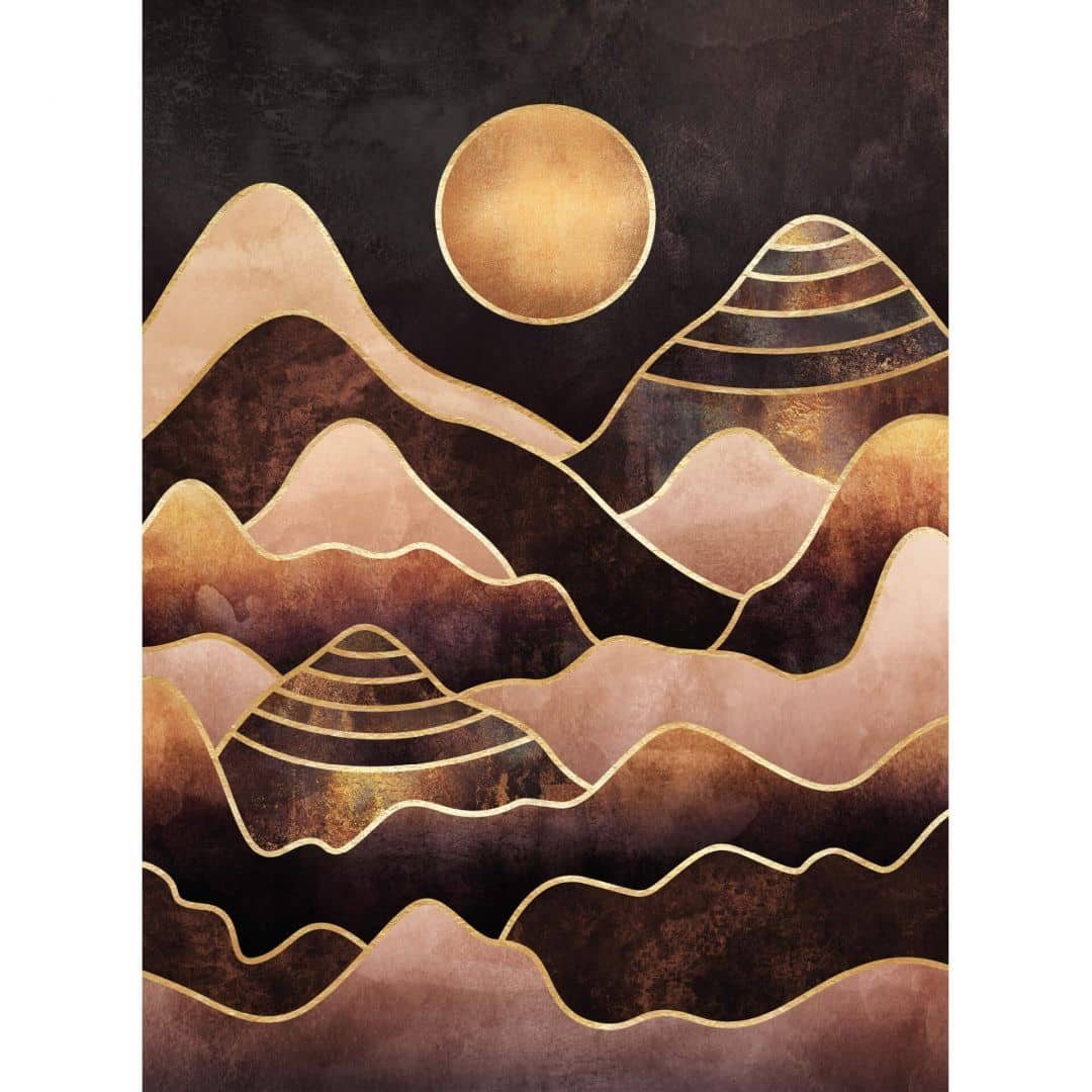 K&L Wall Art Fototapete Große Vliestapete XXL Art Deco Sonne Mond Gold in den Bergen, Wohnzimmer Wandschutz