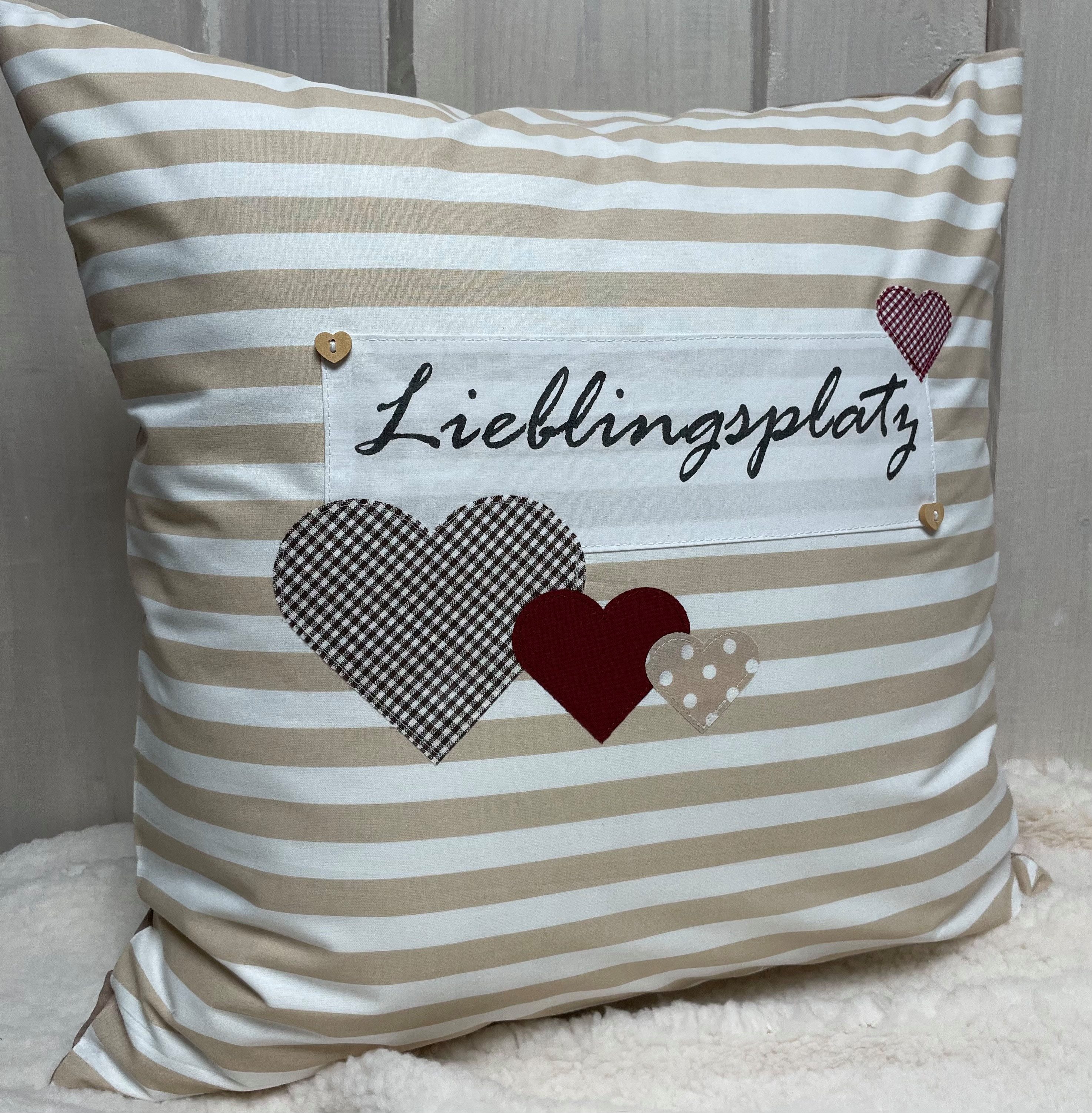 Ammerkind Dekokissen Landhausstil Kissenbezug *Lieblingsplatz* beige/weiß gestreift, 100% Handarbeit