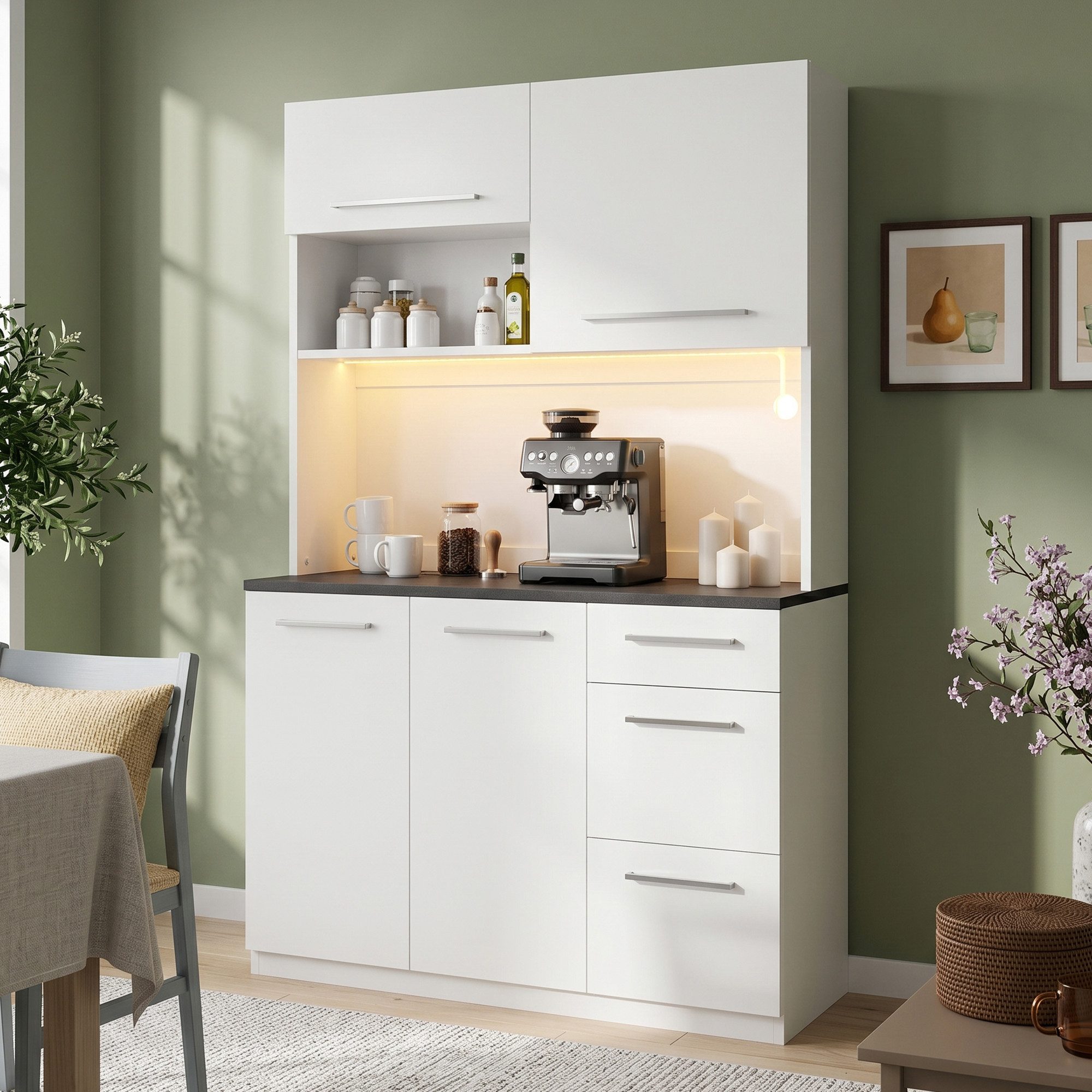 Flieks Küchenbuffet mit Steckdosen, LED-Beleuchtung und verstellbarer Einlegeböden (mit schwarzer Arbeitsplatte in Steintextur, 1-St., B120/T40/H180 cm) Hochschrank Küchenschrank Geschirrschrank mit Ladefunktion Weiß