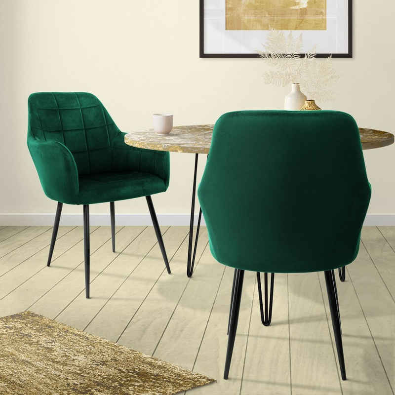 ML-DESIGN Stuhl Esszimmerstühle mit Rücken und Armlehnen aus Samt/Kunstleder Stühle (2 St), 2er Set Küchenstühle Dunkelgrün 58x60x84cm aus Samt mit Metallbeine