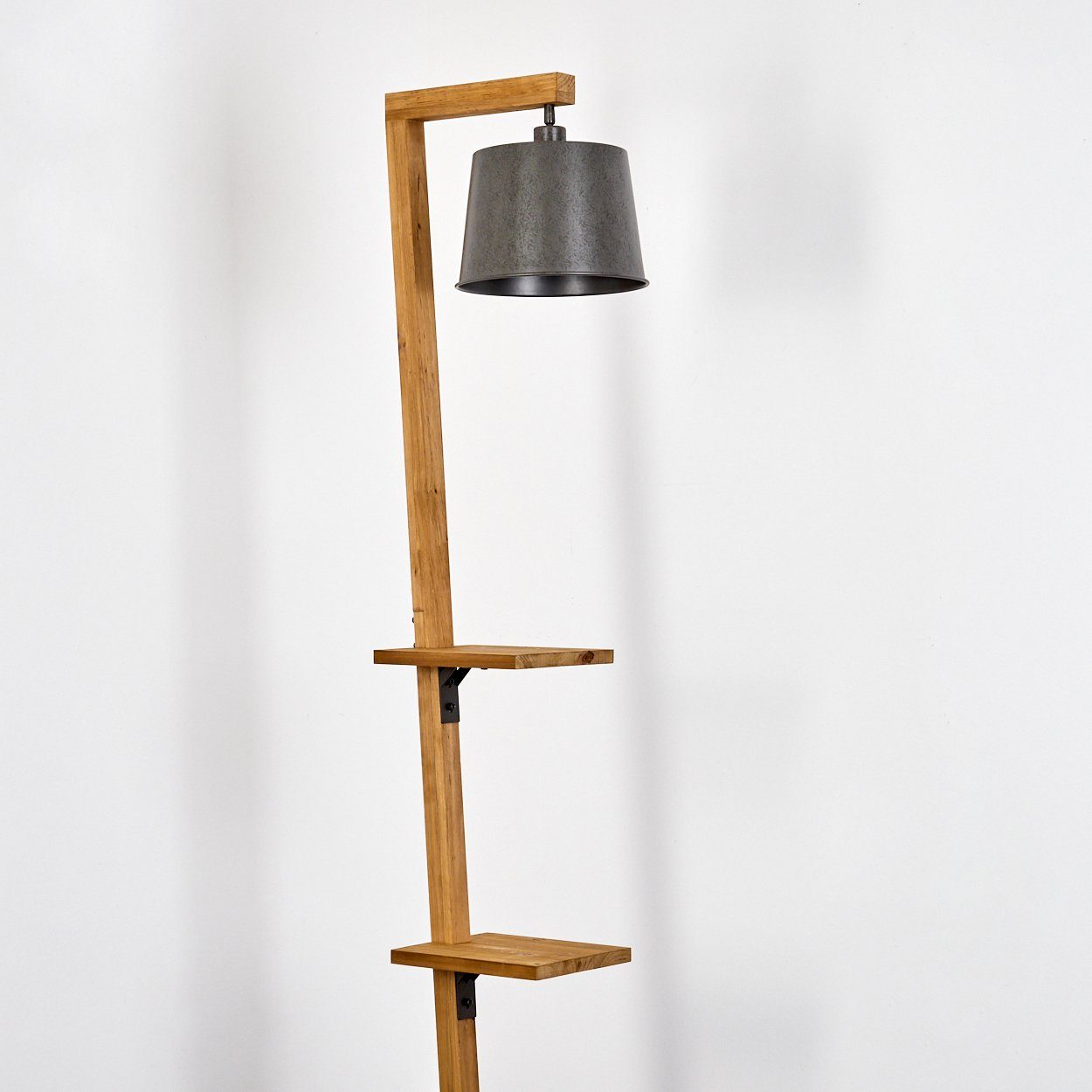 hofstein Stehlampe moderne Stehlampe aus Leuchtmittel, in 1x Fußschalter, E27 (26cm), Nickel-Antik/Natur, verstellbarer ohne Ablageflächen, Metall/Holz Schirm