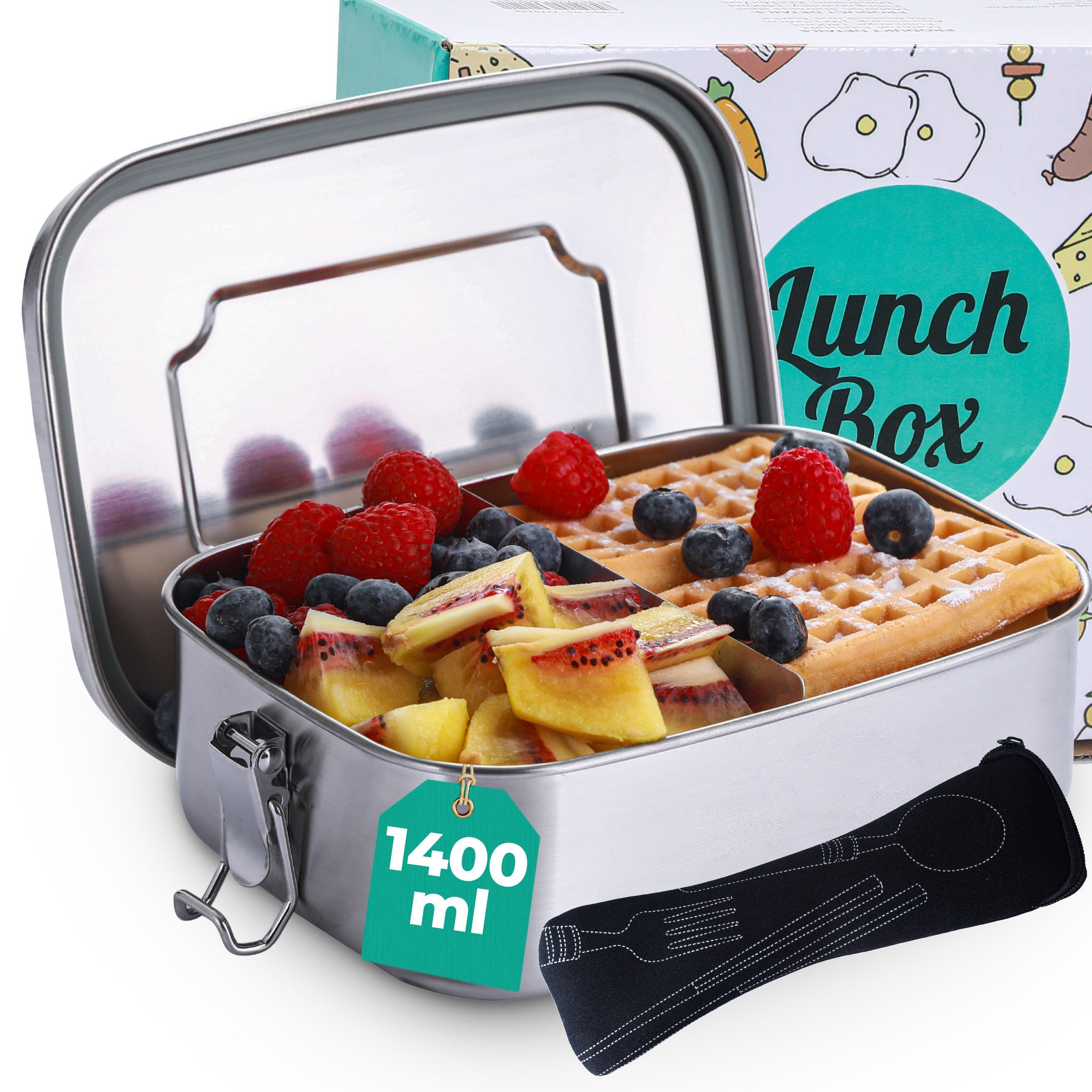 Praknu Lunchbox »Lunchbox Edelstahl mit Trennwand & Besteck«, Edelstahl,  (Set, Lunchbox Edelstahl mit Trennwand & Besteck - Auslaufsicher -  Spülmaschinenfest - 1400ml Brotdose), Auslaufsicher - Spülmaschinenfest -  1400ml Brotdose online kaufen | OTTO