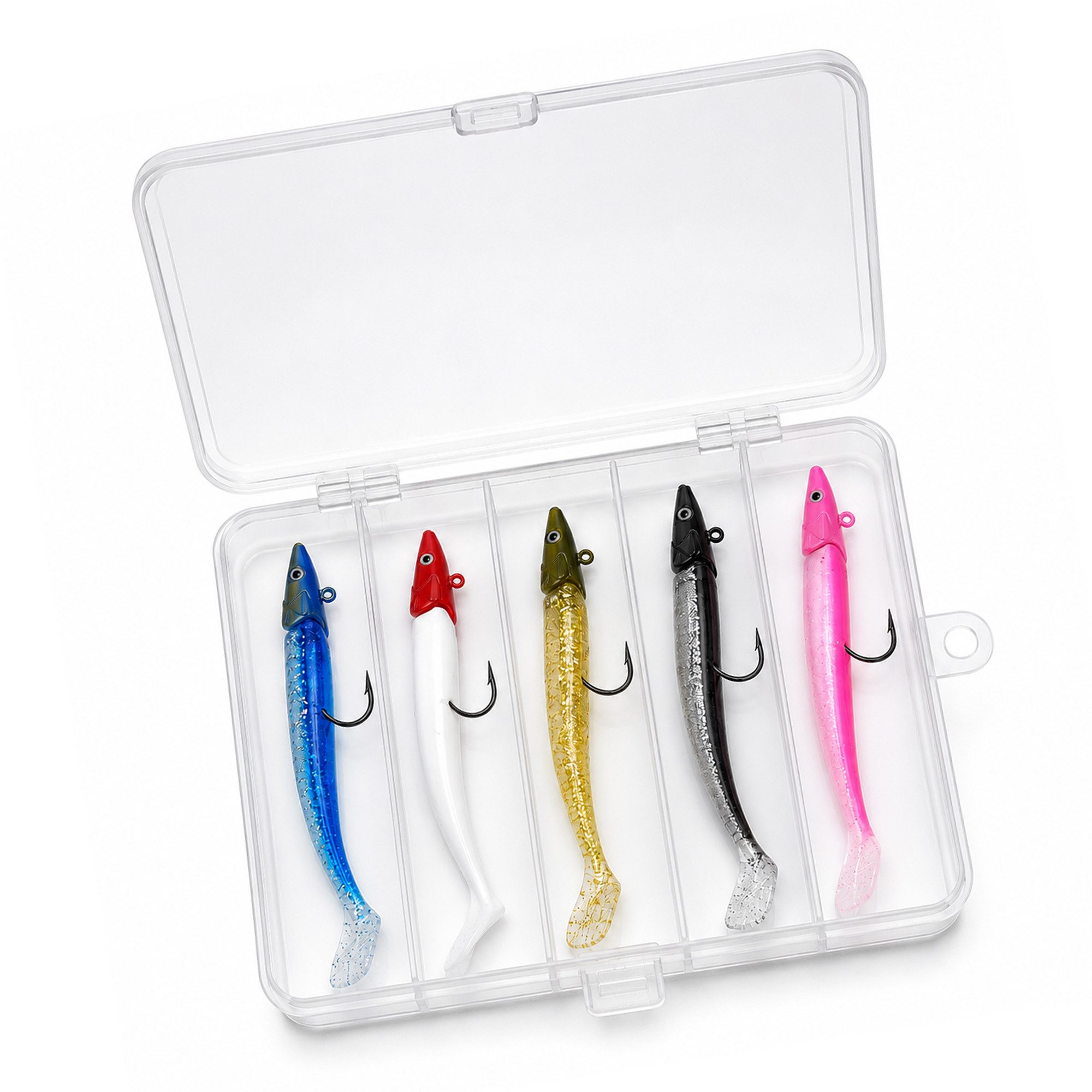 Fish-XPro Kunstköder Fish-Xpro, (Set, 5-teiliges Set mit Tacklebox), Integrierter Jigkopf, starker Einzelhaken, natürliche Laufaktion