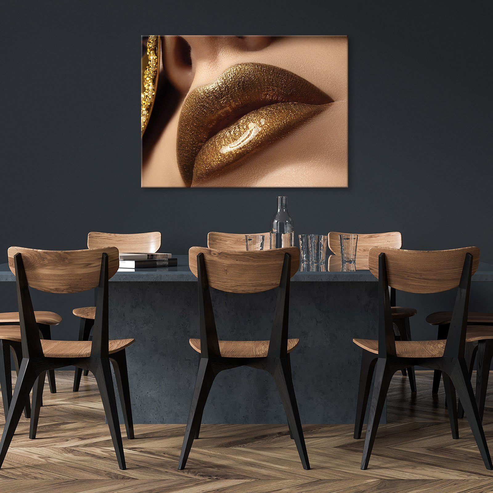 Canvas Leinwand Leinwandbilder Wallarena Schlafzimmer, für Aufhängefertig Bilder Leinwandbild XXL Gold Modern Auf Kunstdruck (Einteilig), Groß Mund Modern Wandbilder Wandbild Frau Bild Wohnzimmer