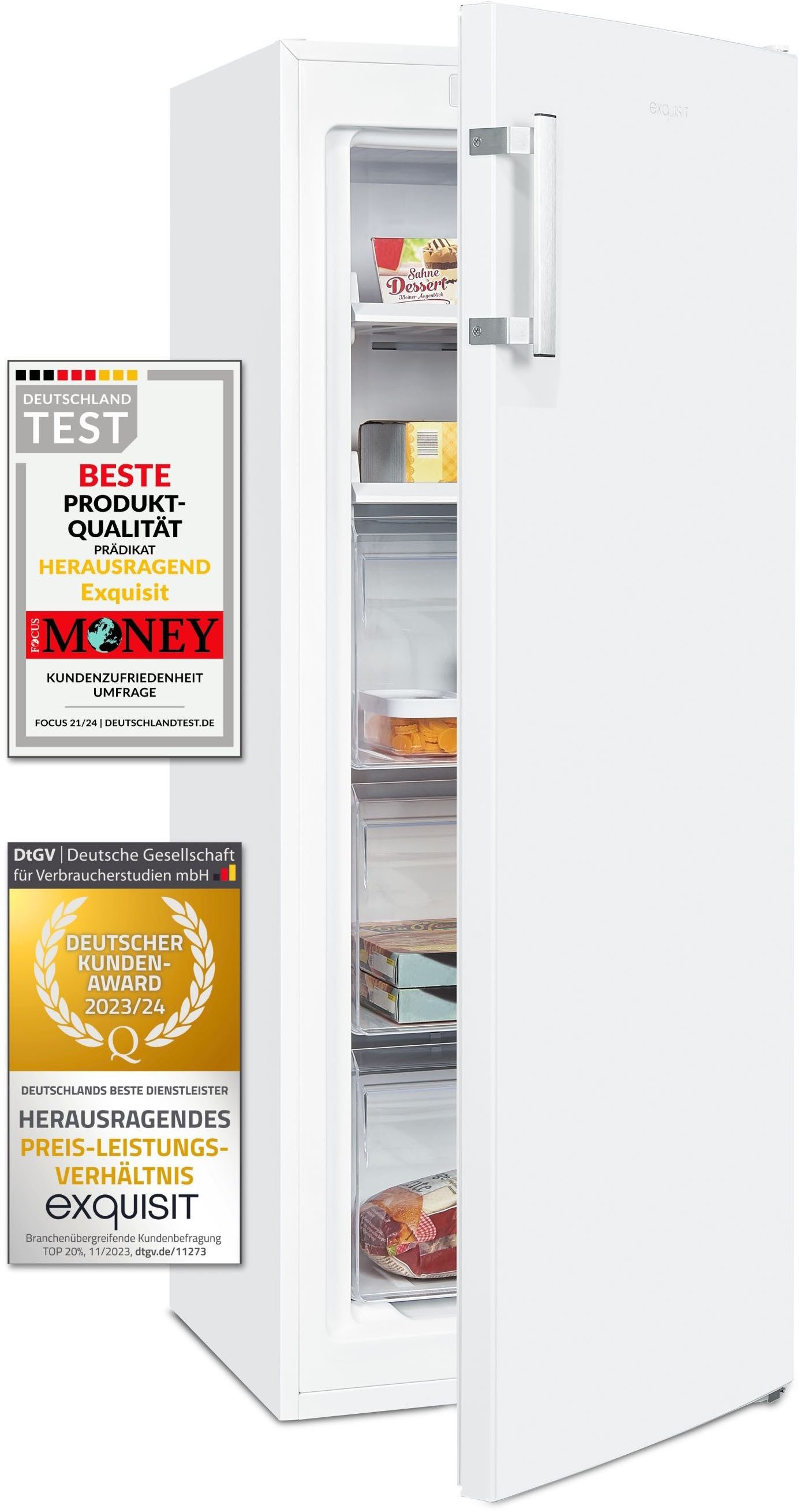 exquisit Gefrierschrank GS231-NF-H-040C weiss, 143 cm hoch, 54 cm breit, 4*-Gefrierschrank No Frost mit LED-Anzeige & praktischem Griff