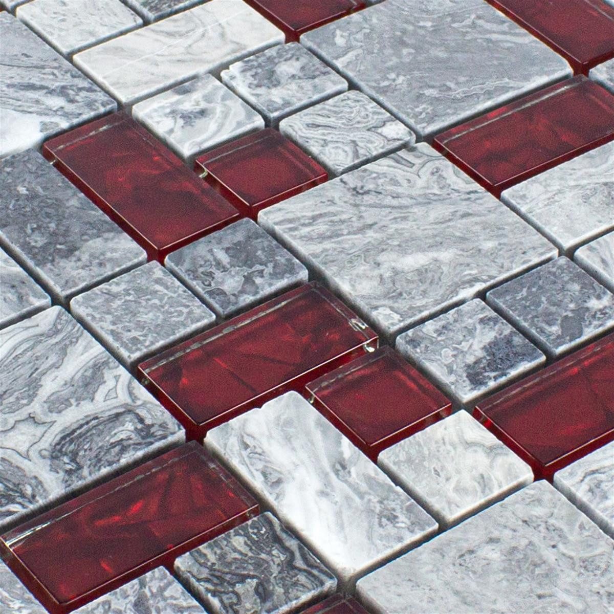 Mosafil Mosaikfliesen Glas Naturstein Mosaik Fliesen Sinop 2 Mix, Naturstein-Glas-Marmor 30.000x30.000, rot-grau, Verlegefertig auf ein Netz geklebt - Wasserfest