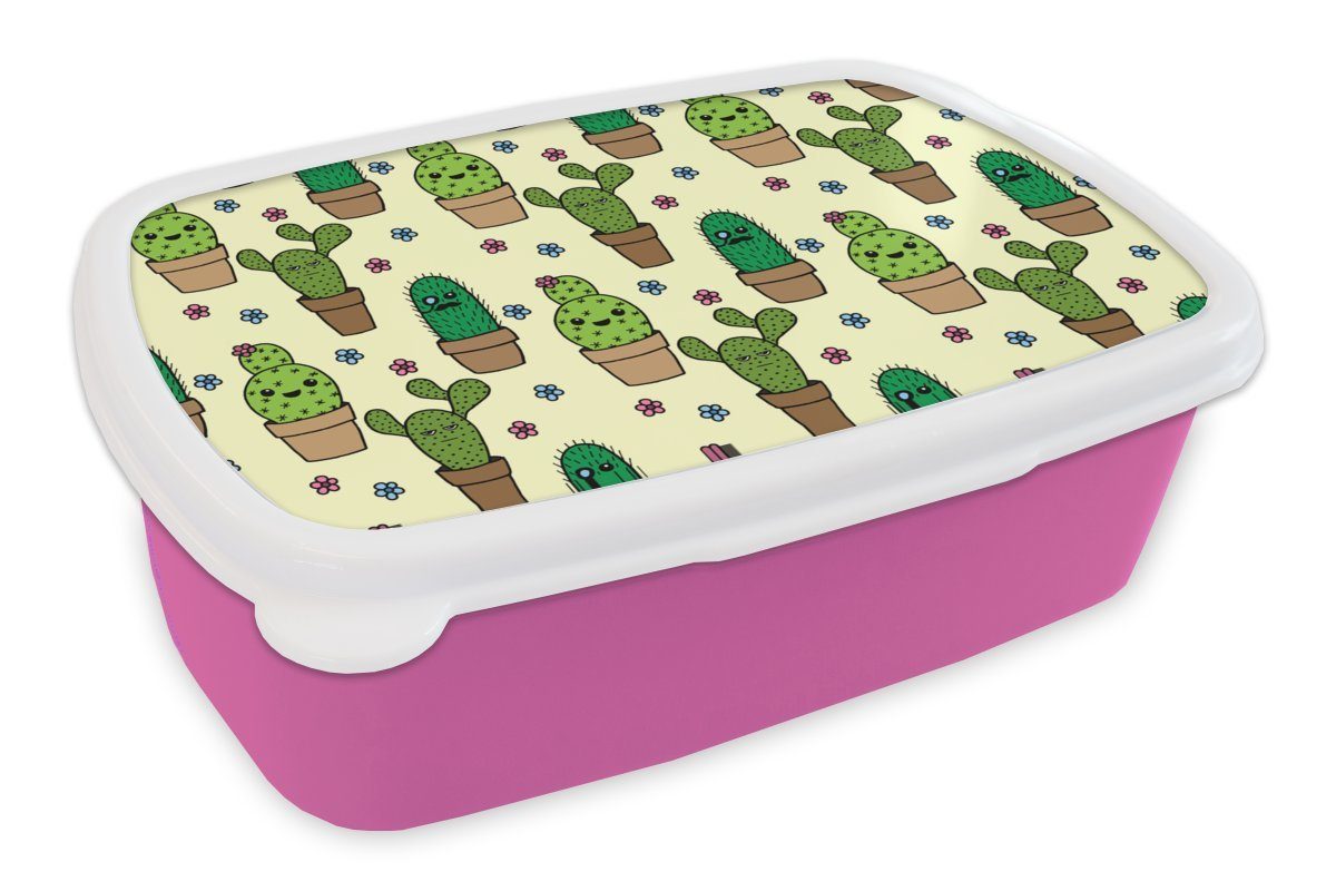 MuchoWow Lunchbox Muster - Kaktus - Blumen, Kunststoff, (2-tlg), Brotbox für Erwachsene, Brotdose Kinder, Snackbox, Mädchen, Kunststoff rosa