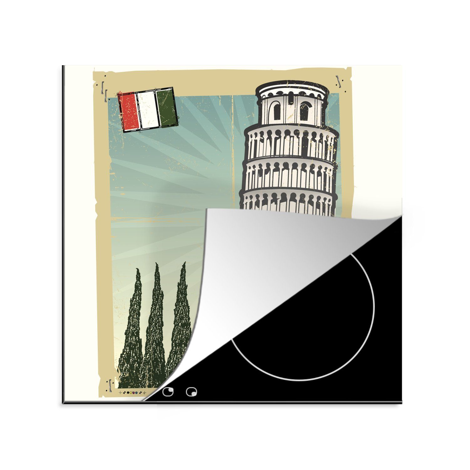 MuchoWow Herdblende-/Abdeckplatte Illustration eines Plakats des Turms von Pisa, Vinyl, (1 tlg), 78x78 cm, Ceranfeldabdeckung, Arbeitsplatte für küche