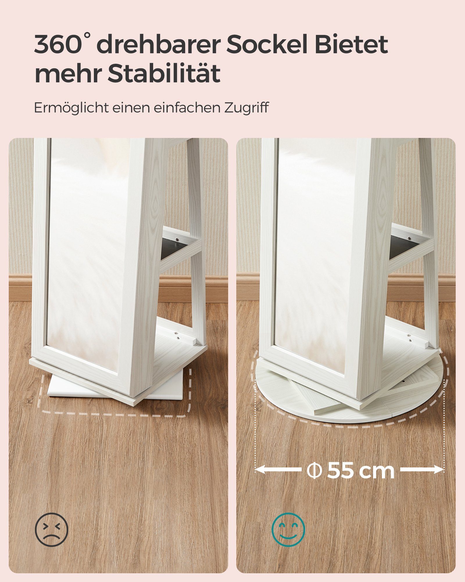 SONGMICS Schmuckschrank Spiegelschrank, mit Ganzkörperspiegel, um 360° drehbar, Geschenkidee Schmuckaufbewahrung, abschließbar, mit Schlüsseln, 54 x 54 x 161 cm – Bild 5 von 5