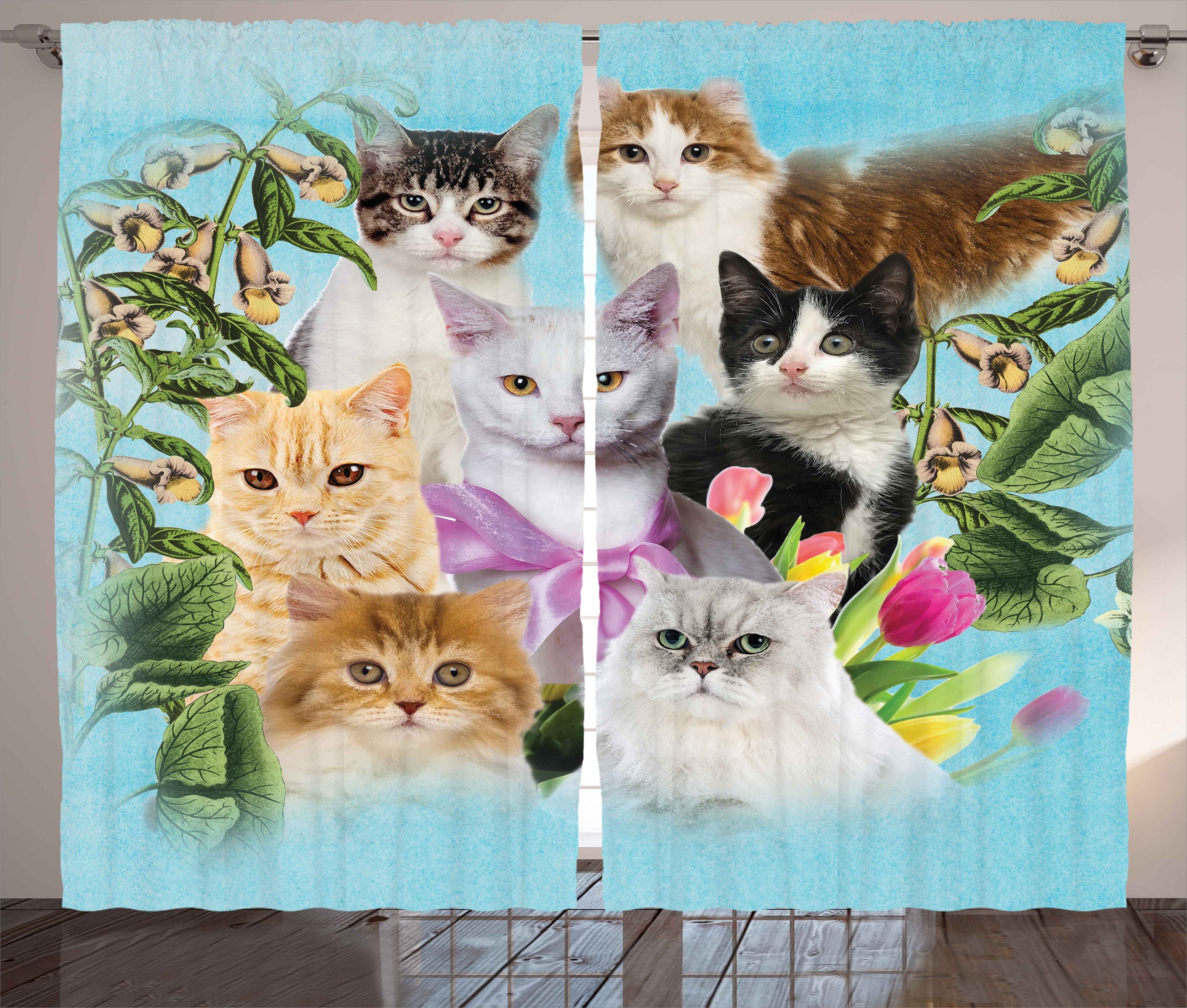 Gardine Schlafzimmer Kräuselband Vorhang mit Schlaufen und Haken, Abakuhaus, Katzenliebhaber Katzen Katzenartige Haus