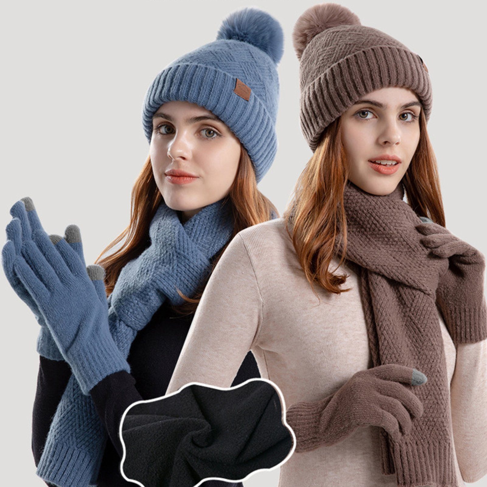 Rutaqian Strickmütze 3 Strickmütze Schal Warme Damen Set, Handschuhe,Damen In Winter Schwarz 1