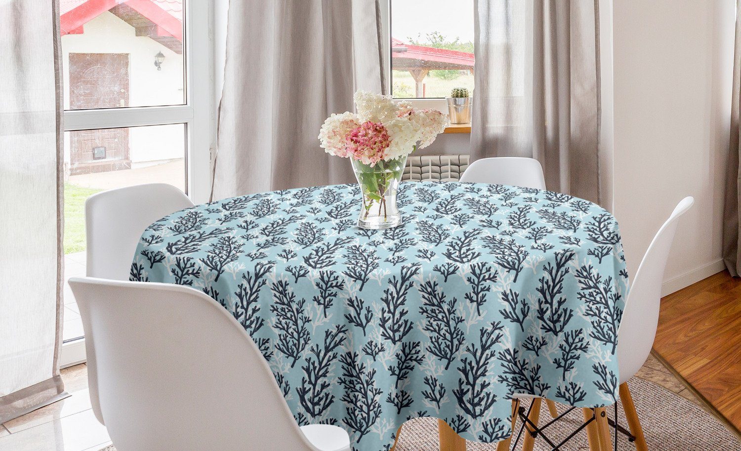 Tischdecke Algen Küche Tischdecke Coral und weiß Kreis Dekoration, Abakuhaus Abdeckung Esszimmer für Blau