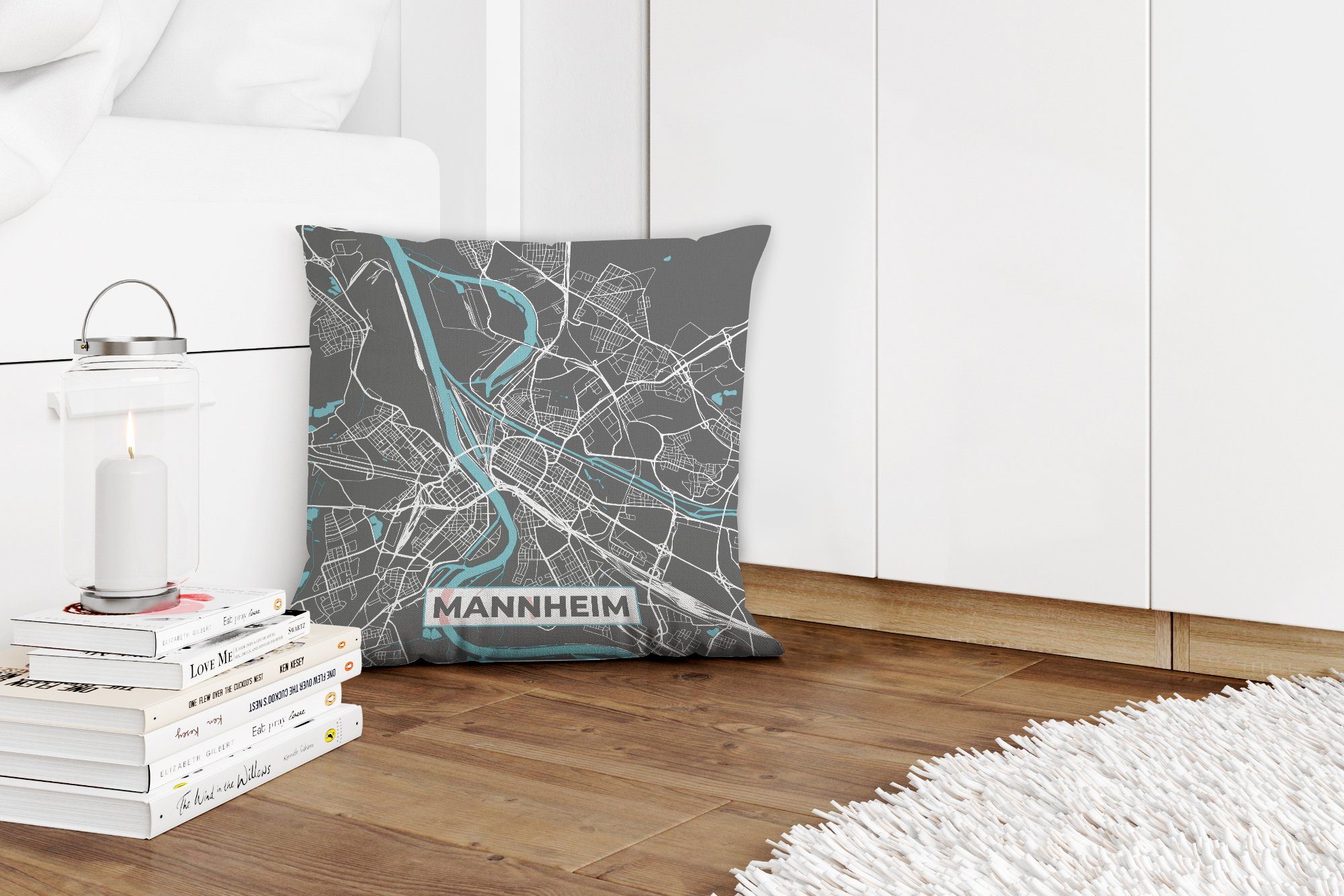 MuchoWow Dekokissen Sofakissen mit Zierkissen Mannheim - Stadtplan Füllung - Deutschland - Karte, Schlafzimmer, Deko, Blau - für Wohzimmer