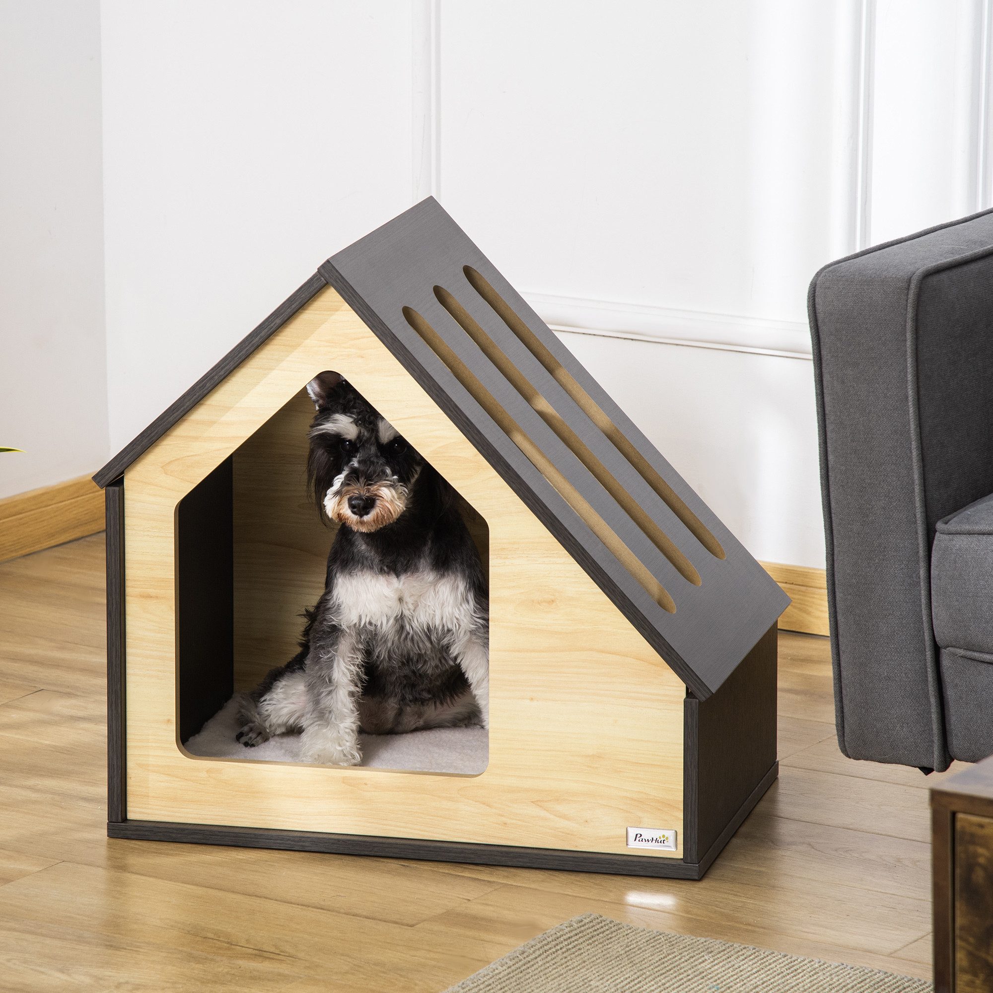 PawHut Hundehütte Indoor Hundehöhle mit Kissen Hundehaus mit schrägem Dach, Kaffee-Braun 60 x 40 x 59.2 cm