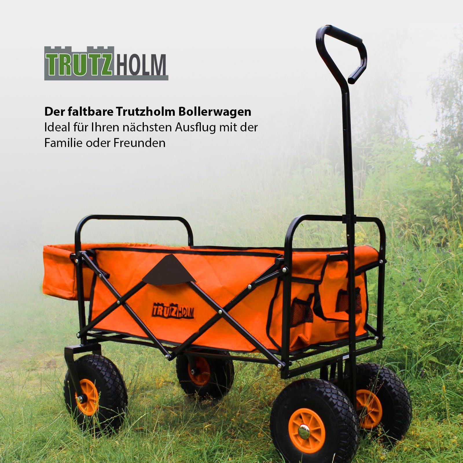 TRUTZHOLM Bollerwagen faltbar mit Vollgummi Rädern, Hecktasche und Teleskopgriff orange