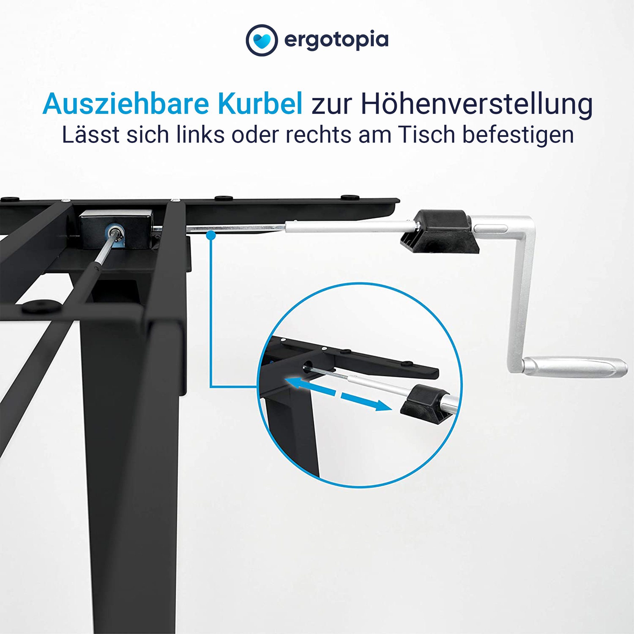 Ergotopia Schreibtisch Desktopia Budget Höhenverstellbarer Schwarz Schreibtisch, verstellbar verstellbares für Breite Per Tischplatten, Kurbel Tischgestell, Höhenverstellbarkeit gängigen durch alle Kurbel