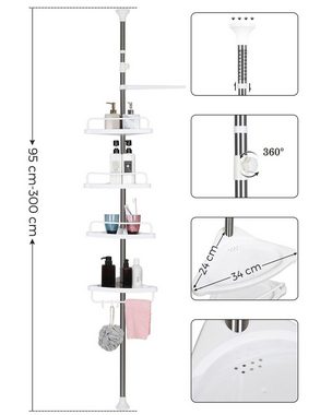 SONGMICS Duschablage Duschregal, höhenverstellbar, 95-300 cm, 4 Ablagen, 3 Haken, Eckregal